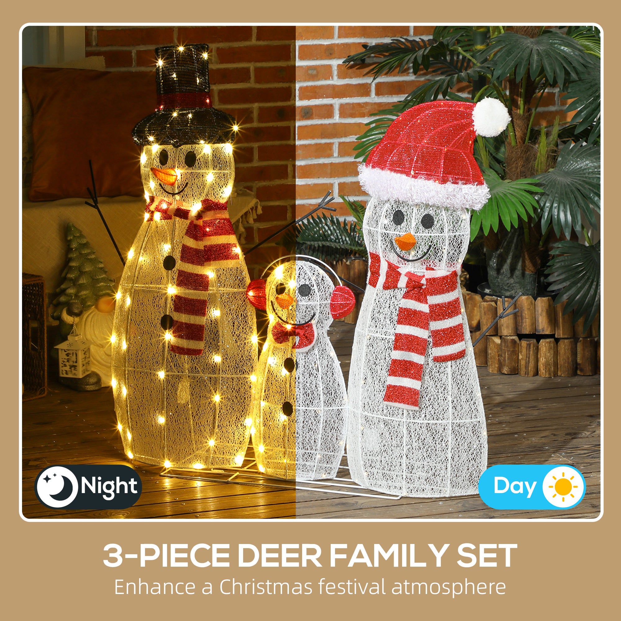 3-Piece Lighted Snowman Family Outdoor Christmas Decor - White-Home Furnishings > Holiday & Seasonal > Christmas Decorations-DECOROLALA