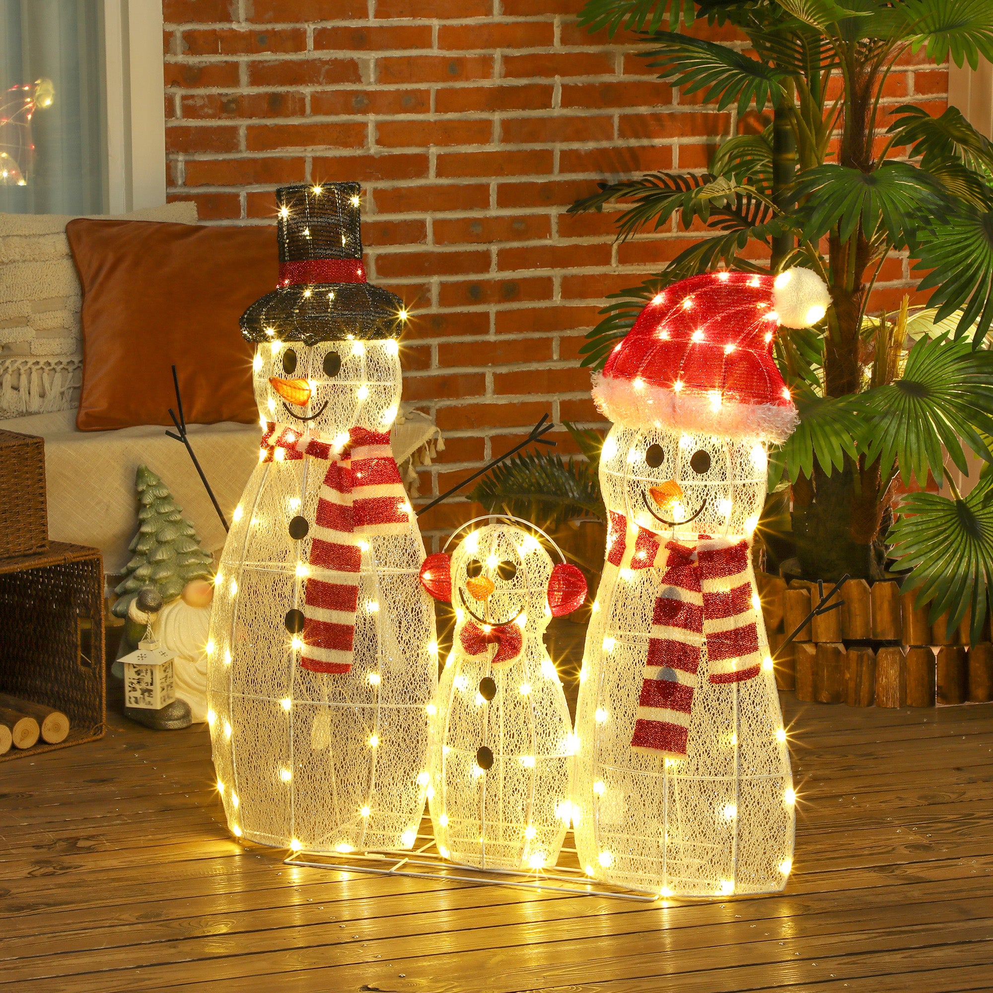3-Piece Lighted Snowman Family Outdoor Christmas Decor - White-Home Furnishings > Holiday & Seasonal > Christmas Decorations-DECOROLALA
