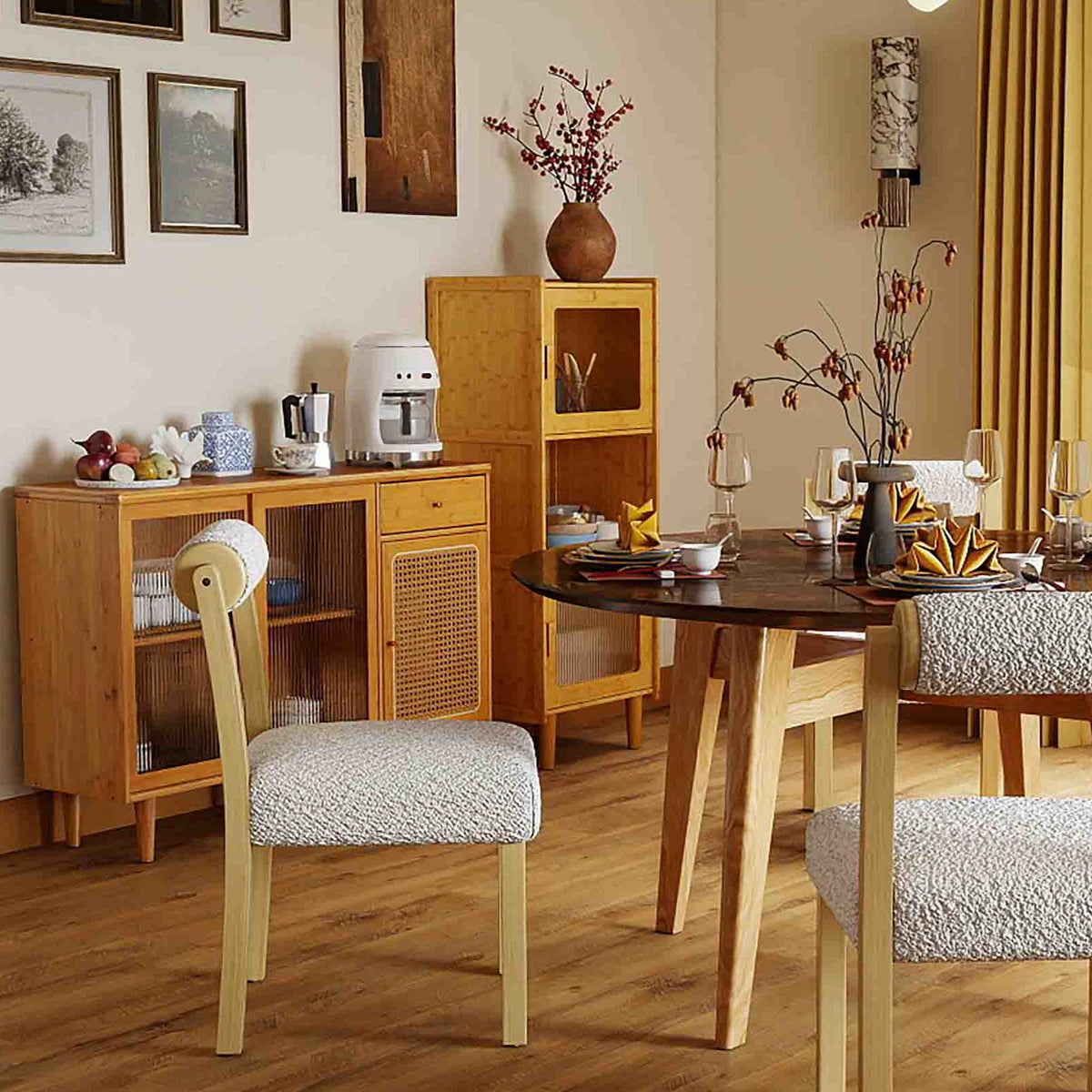3-Piece Modern Dining Room Set: Wooden Dining Chairs + Bamboo Sideboard Cabinet + Tall Storage Cabinet-Kitchen & Dining Furniture-DECOROLALA