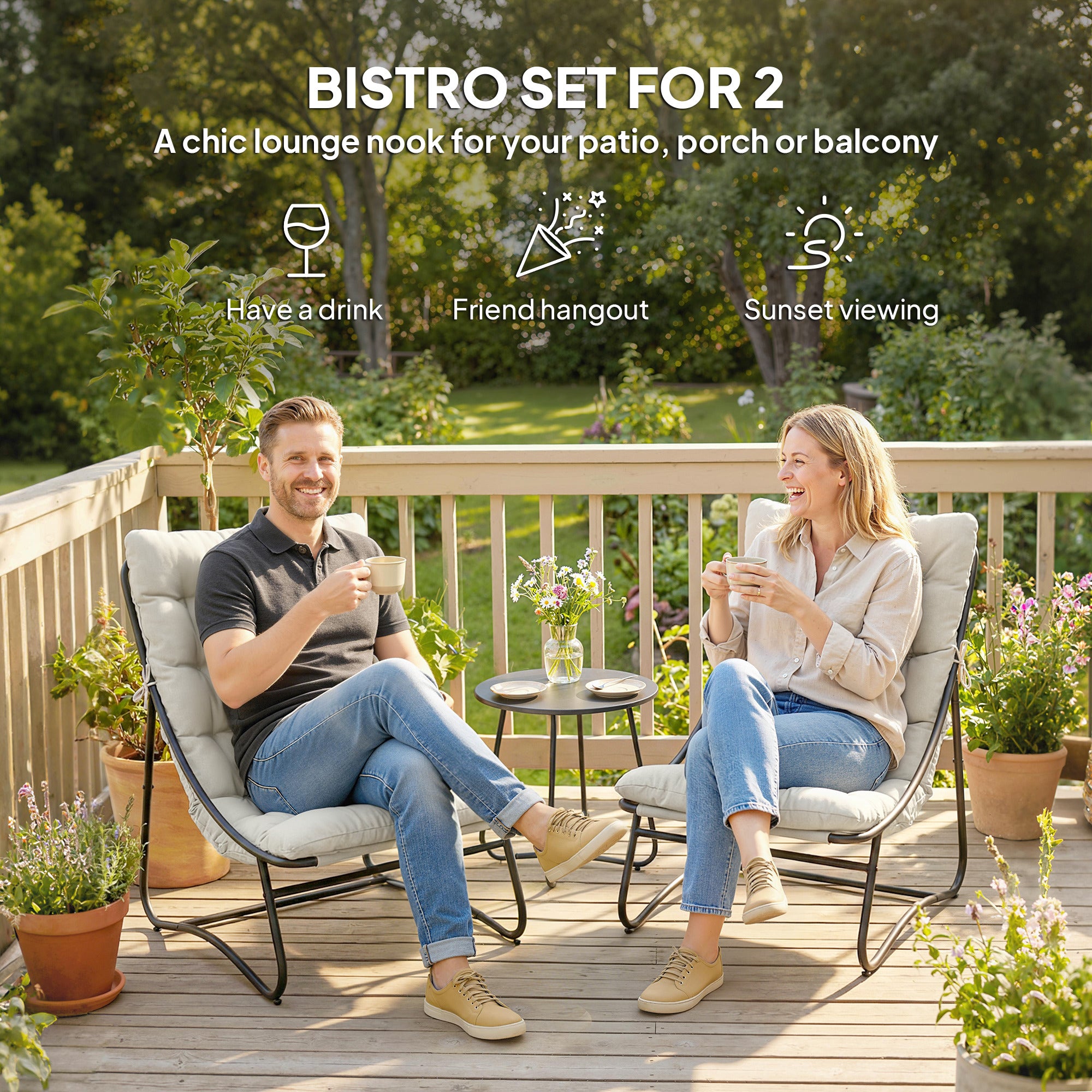 3 Piece Outdoor Bistro Set - Light Grey Round Table-DECOROLALA