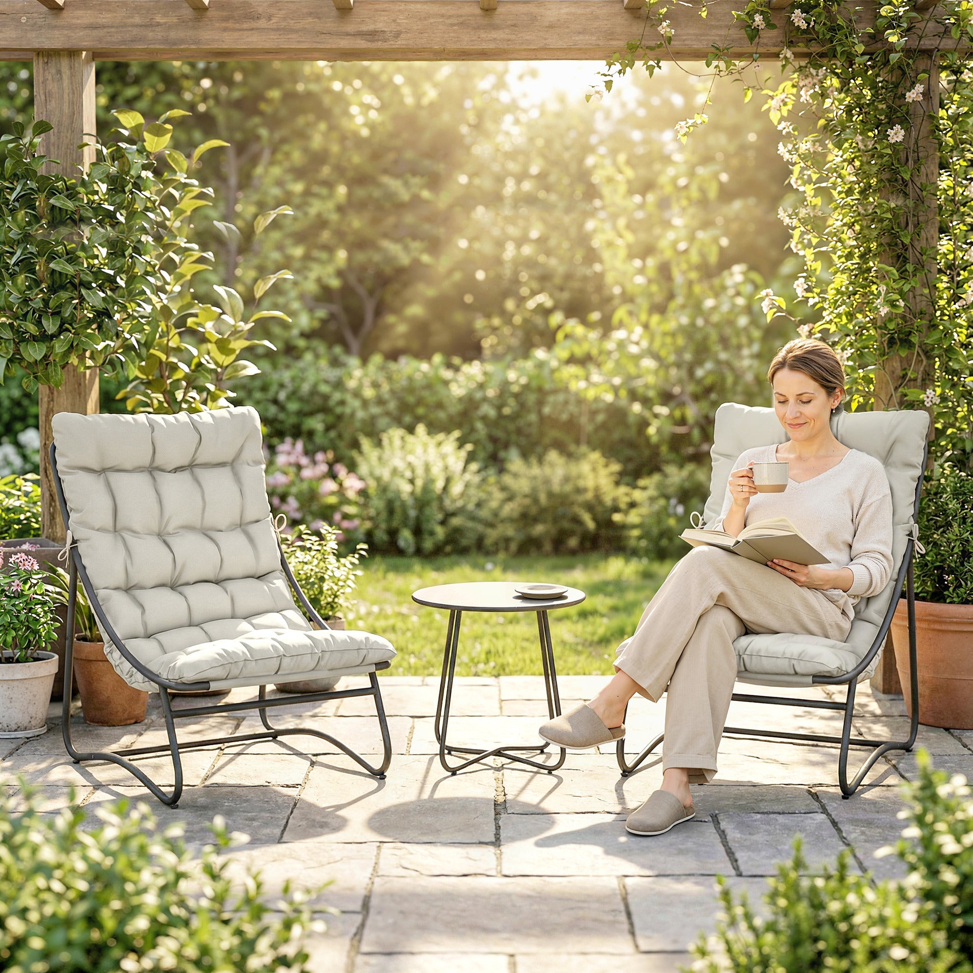 3 Piece Outdoor Bistro Set - Light Grey Round Table-DECOROLALA
