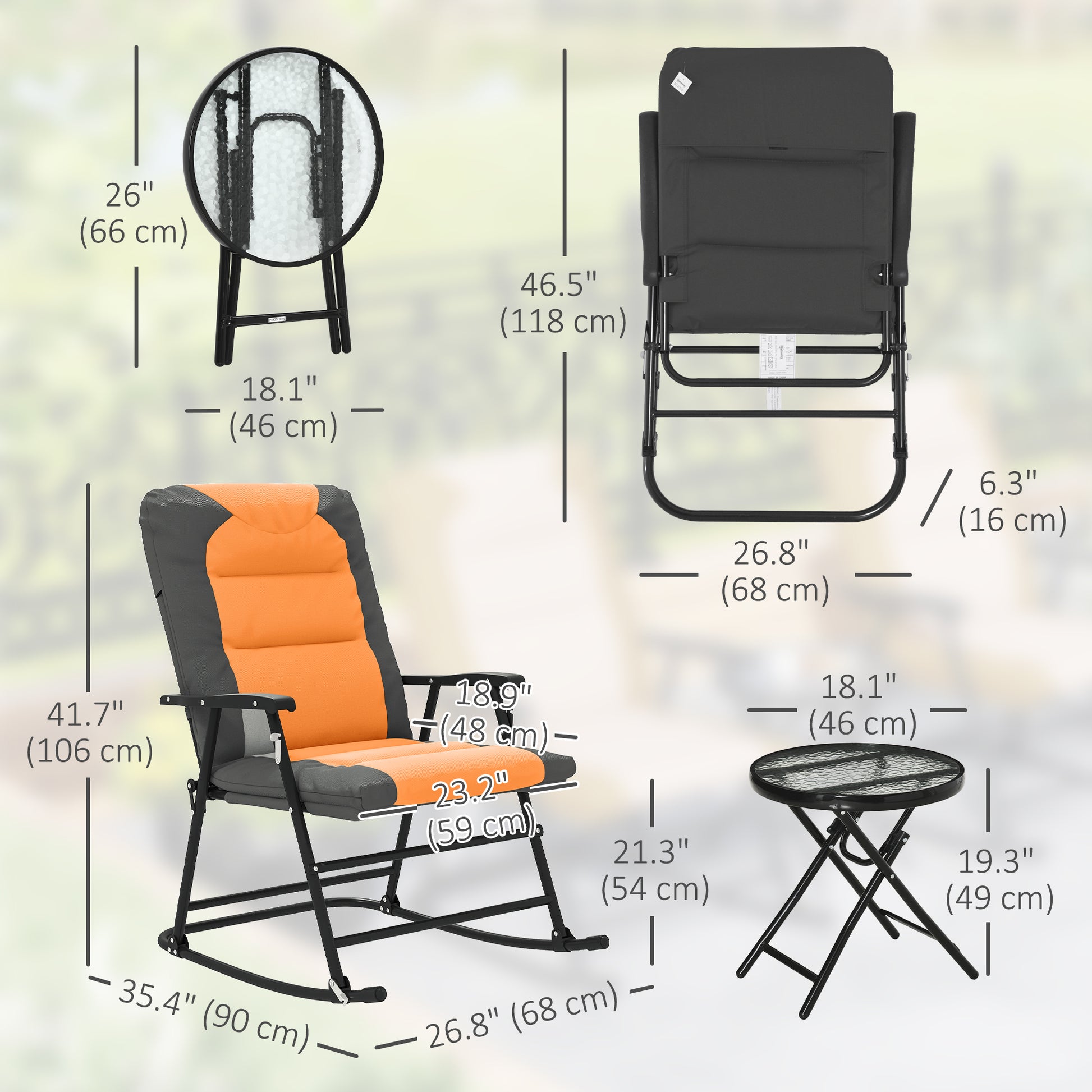 3-Piece Outdoor Foldable Rocking Chair Set - Orange-DECOROLALA