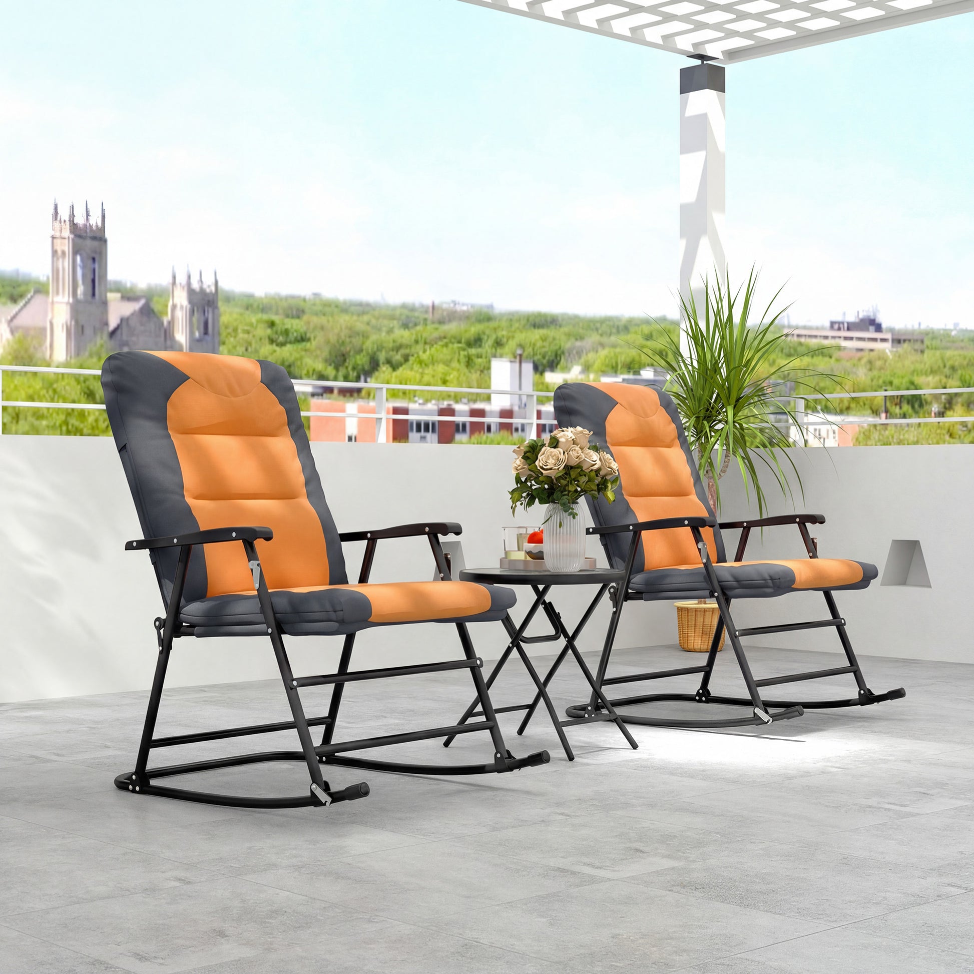 3-Piece Outdoor Foldable Rocking Chair Set - Orange-DECOROLALA