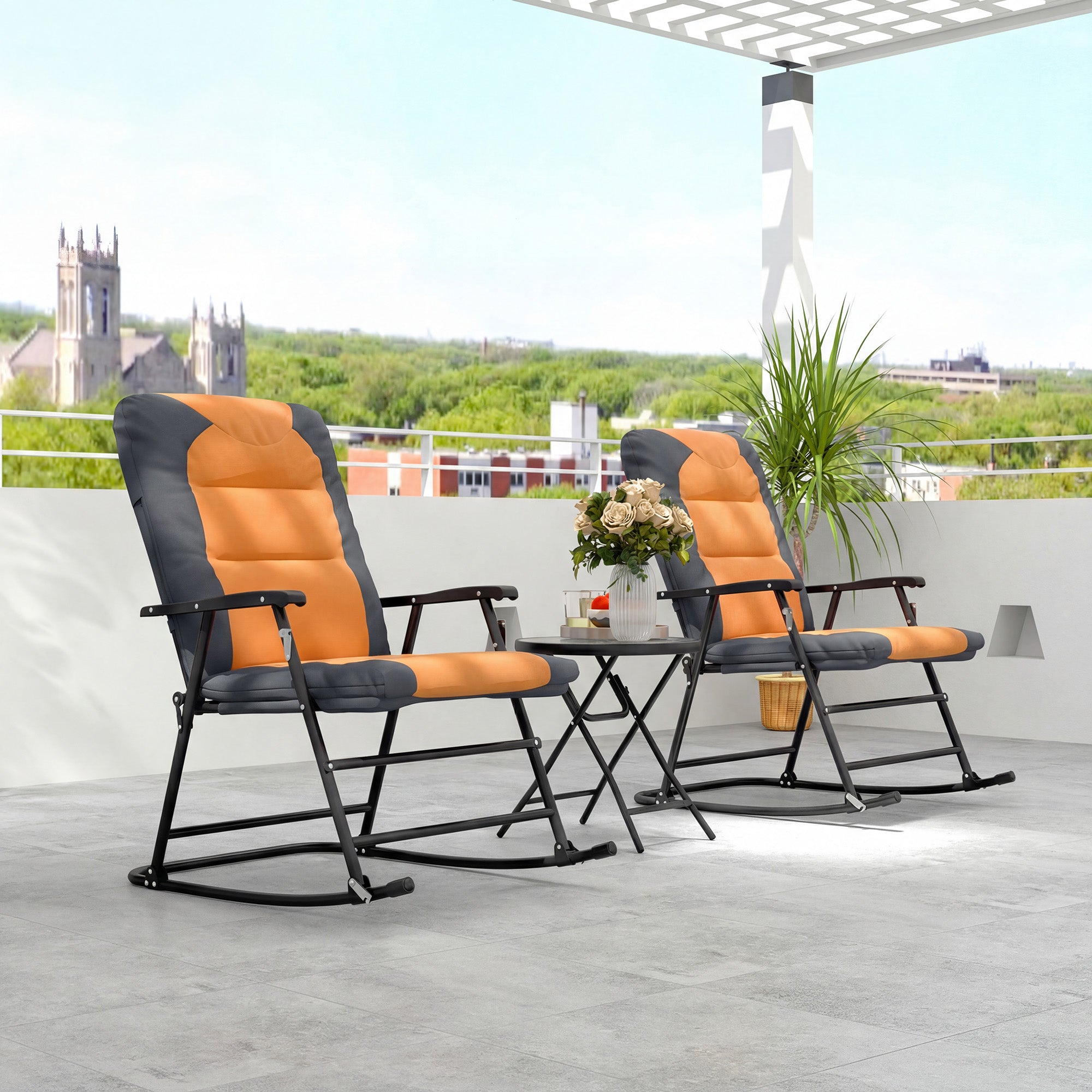 3-Piece Outdoor Foldable Rocking Chair Set - Orange-DECOROLALA
