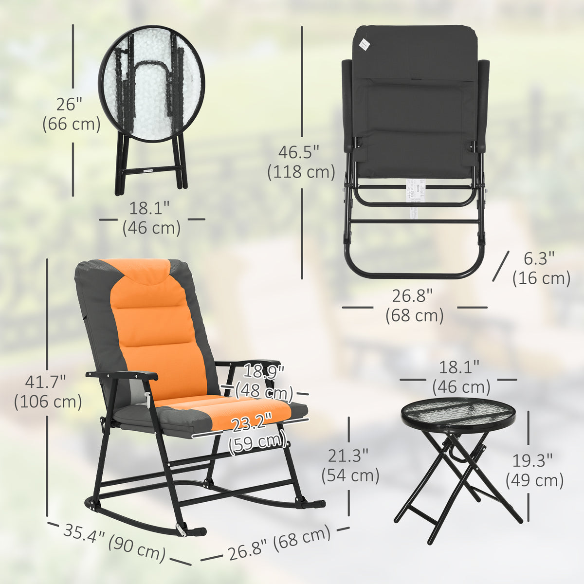 3-Piece Outdoor Foldable Rocking Chair Set - Orange-Outdoor Rocking Chairs-DECOROLALA