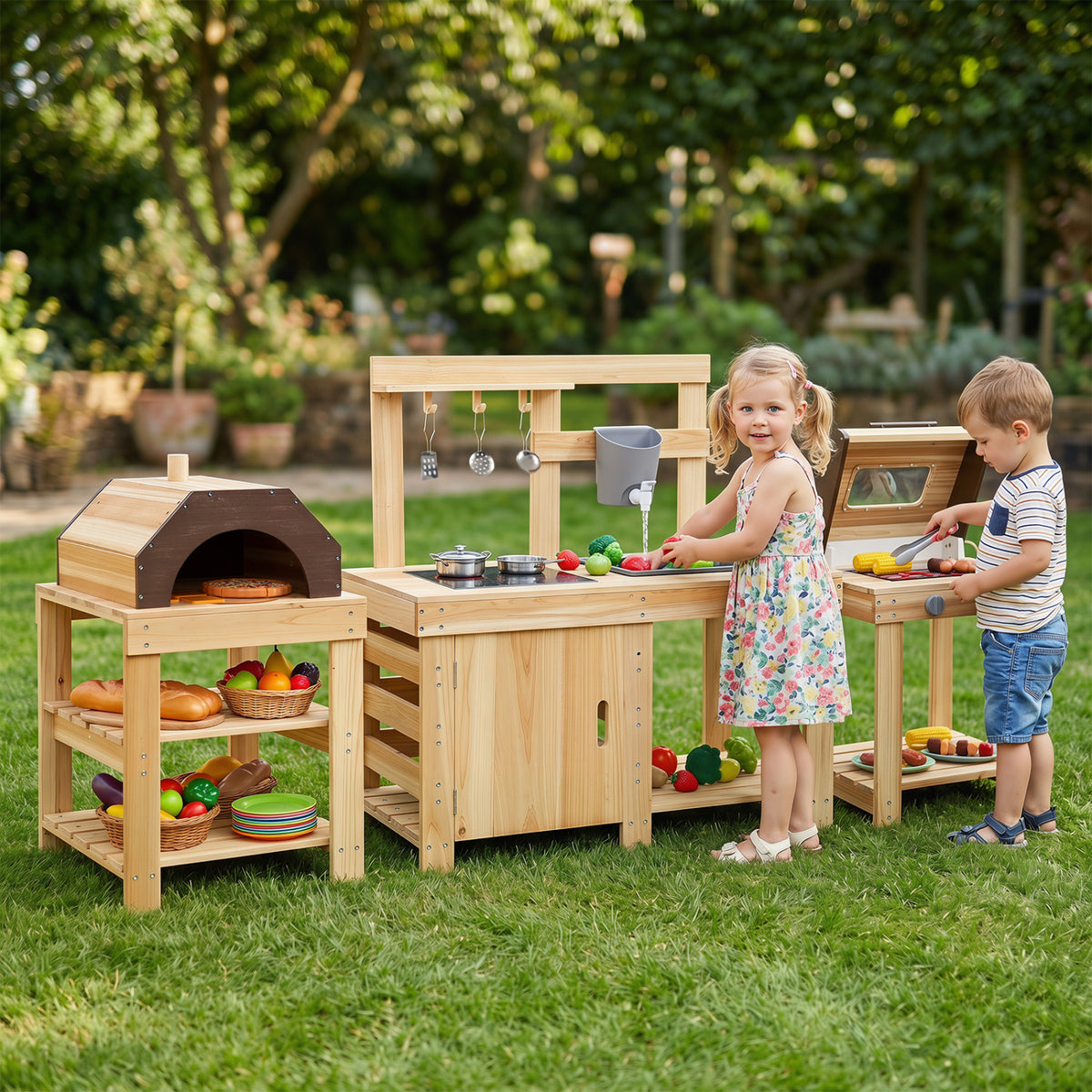 3-Piece Outdoor Kitchen Set Mud Kitchen with Separate BBQ Grill and Pizza Oven-Natural