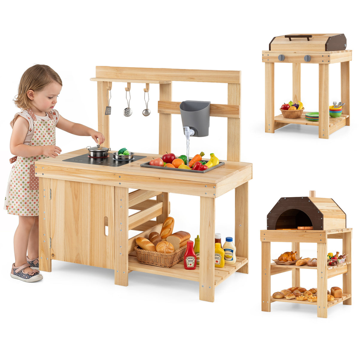 3-Piece Outdoor Kitchen Set Mud Kitchen with Separate BBQ Grill and Pizza Oven-Natural