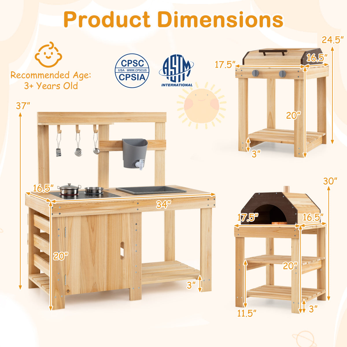 3-Piece Outdoor Kitchen Set Mud Kitchen with Separate BBQ Grill and Pizza Oven-Natural