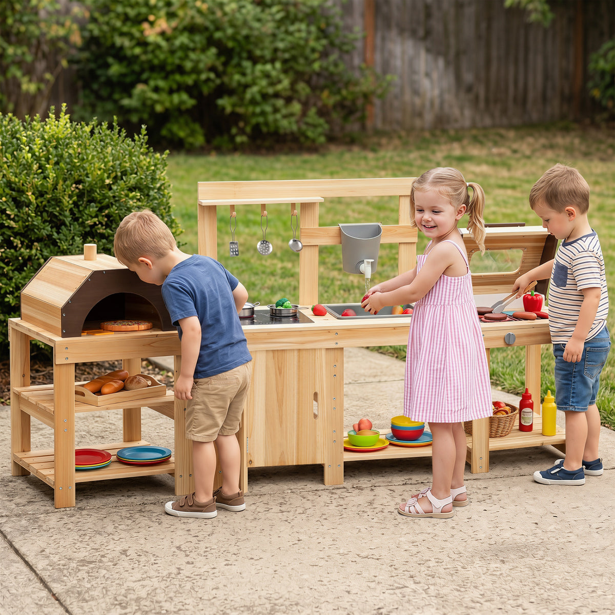 3-Piece Outdoor Kitchen Set Mud Kitchen with Separate BBQ Grill and Pizza Oven-Natural