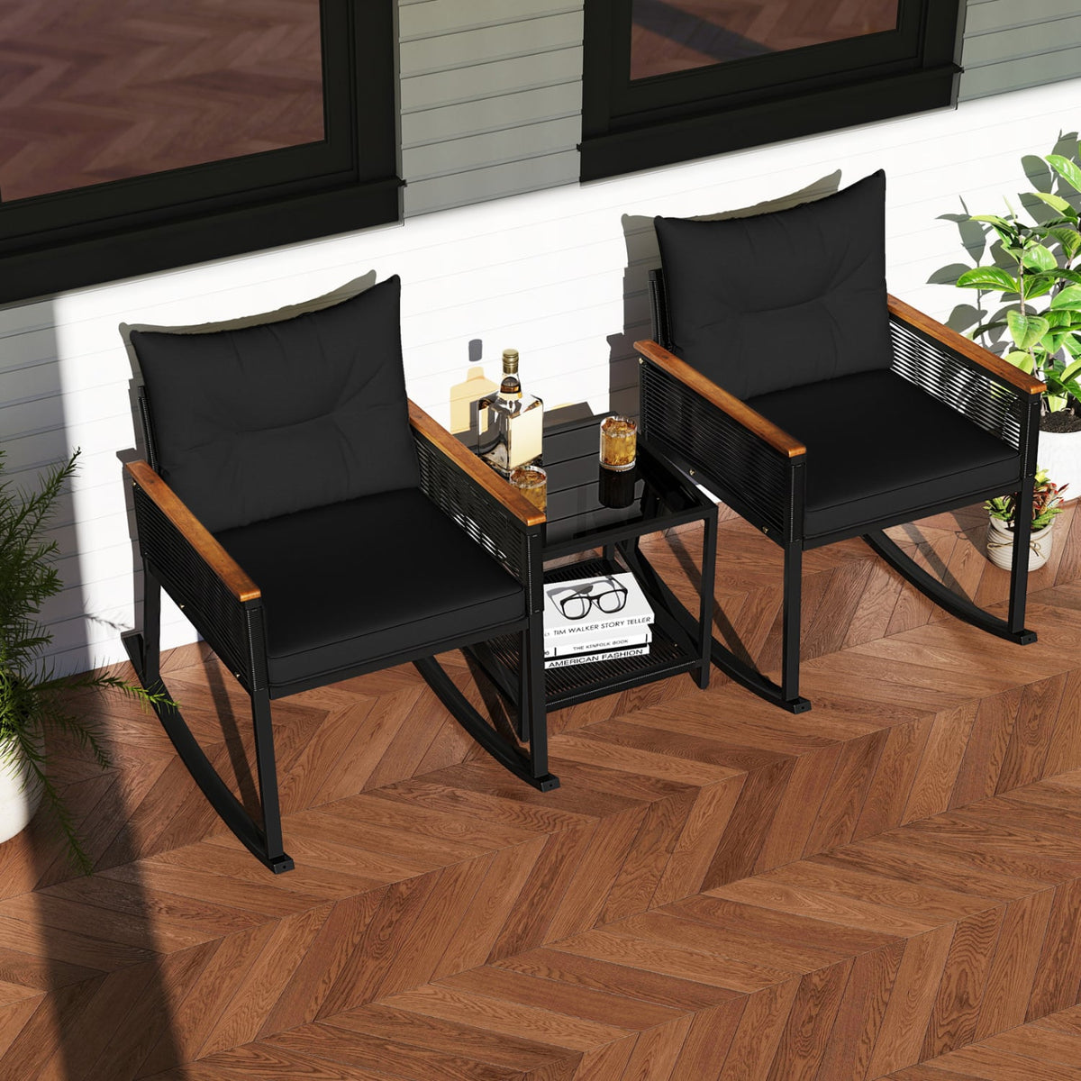 3 Piece Outdoor PE Rattan Rocking Bistro Set with 2-Tier Coffee Table-Blackcolor-Patio Furniture Sets-DECOROLALA