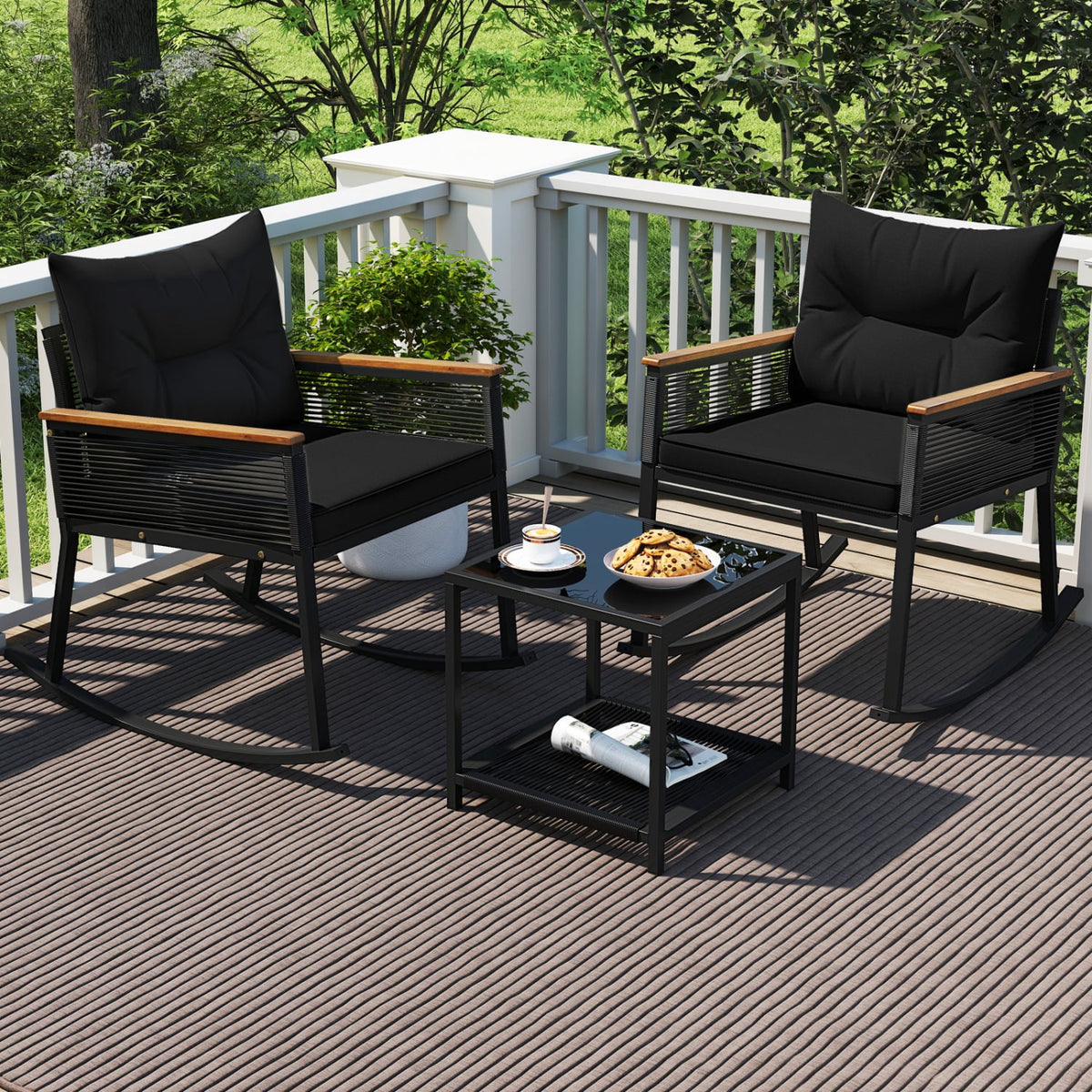 3 Piece Outdoor PE Rattan Rocking Bistro Set with 2-Tier Coffee Table-Blackcolor-Patio Furniture Sets-DECOROLALA