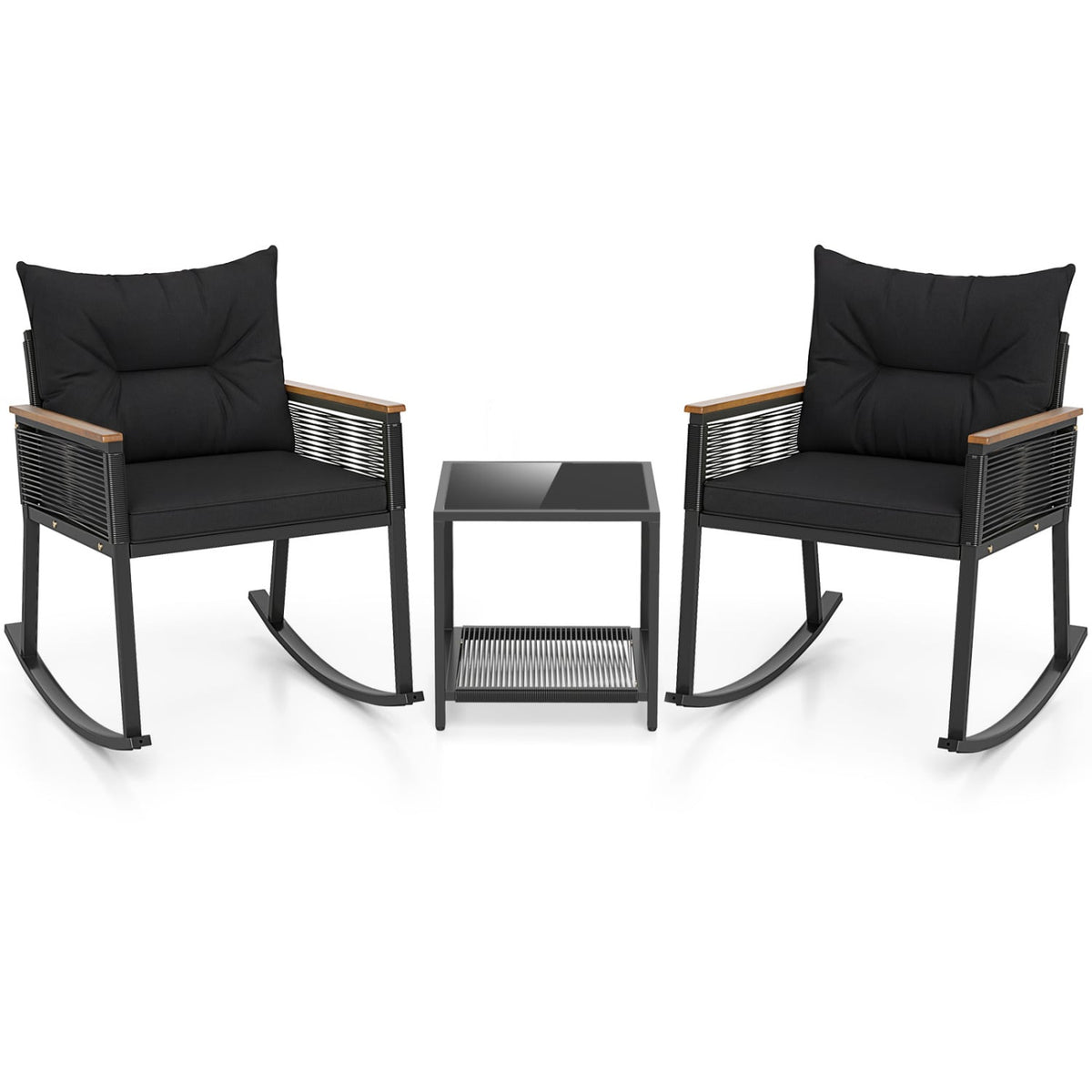 3 Piece Outdoor PE Rattan Rocking Bistro Set with 2-Tier Coffee Table-Blackcolor-Patio Furniture Sets-DECOROLALA
