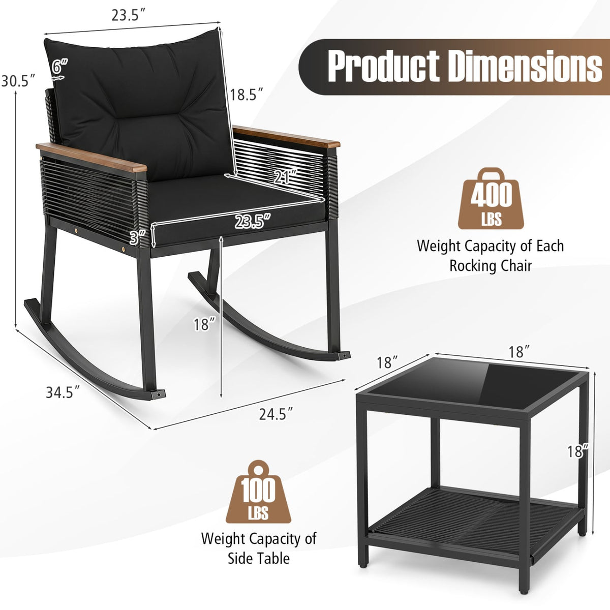 3 Piece Outdoor PE Rattan Rocking Bistro Set with 2-Tier Coffee Table-Blackcolor-Patio Furniture Sets-DECOROLALA