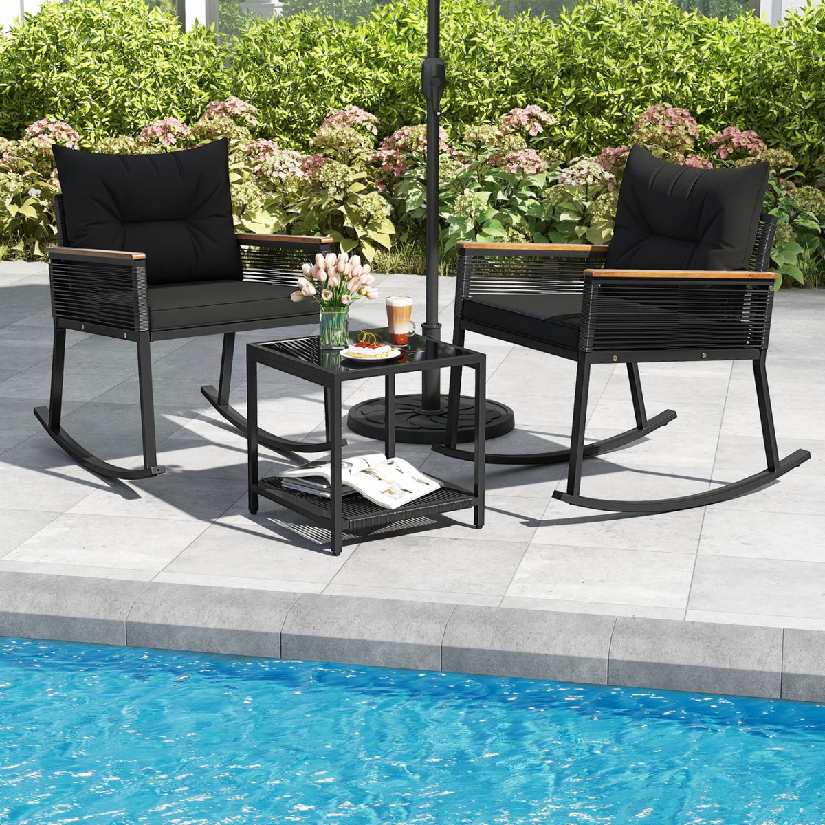 3 Piece Outdoor PE Rattan Rocking Bistro Set with 2-Tier Coffee Table-Blackcolor-Patio Furniture Sets-DECOROLALA
