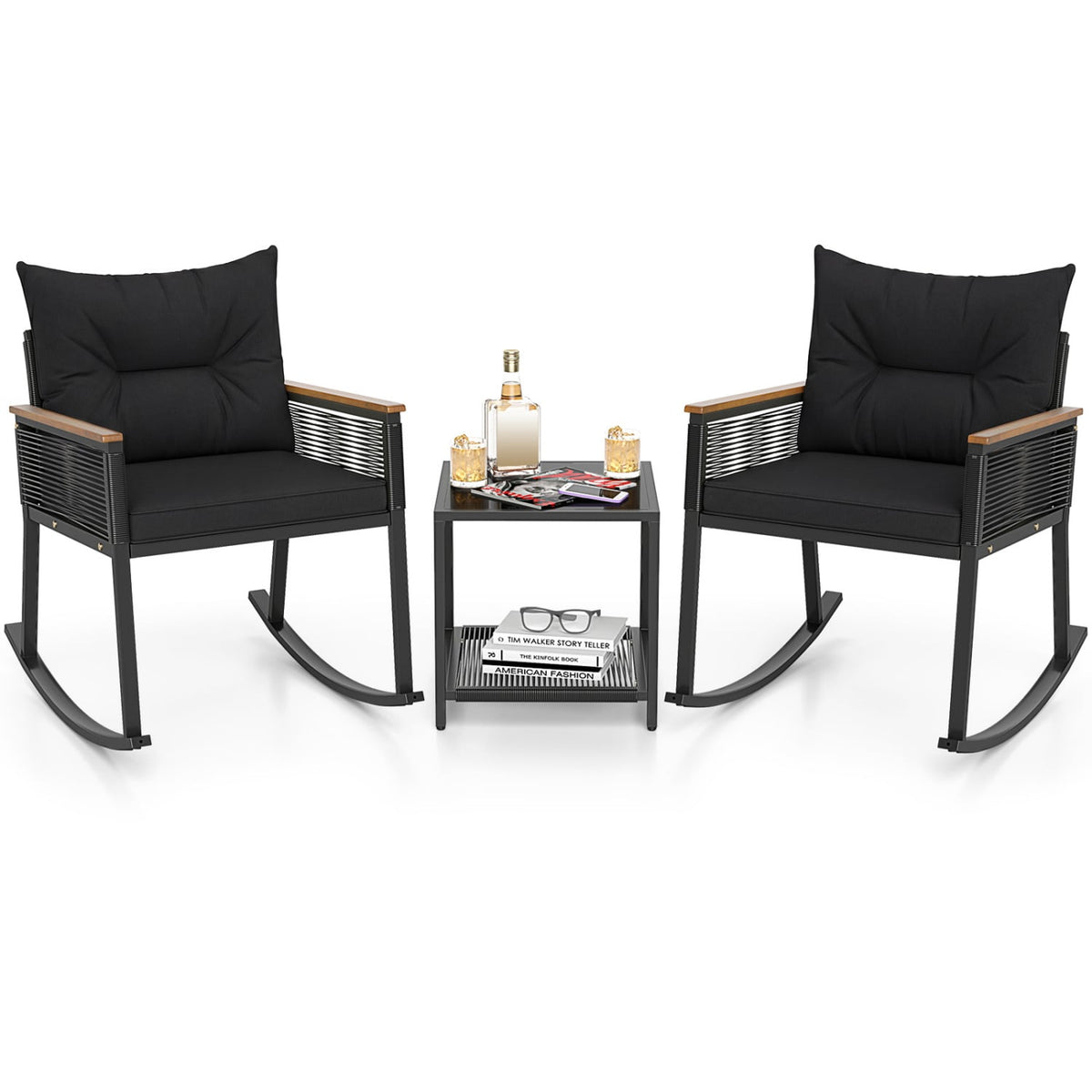 3 Piece Outdoor PE Rattan Rocking Bistro Set with 2-Tier Coffee Table-Blackcolor-Patio Furniture Sets-DECOROLALA