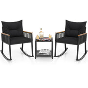 3 Piece Outdoor PE Rattan Rocking Bistro Set with 2-Tier Coffee Table-Blackcolor-Patio Furniture Sets-DECOROLALA
