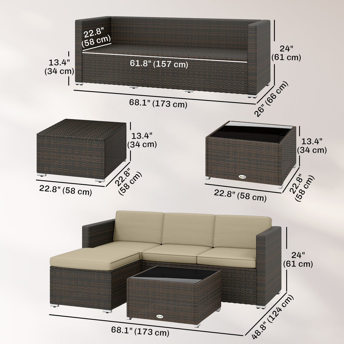 3 Piece PE Rattan Patio Furniture Set - Khaki-Patio Furniture Sets-DECOROLALA