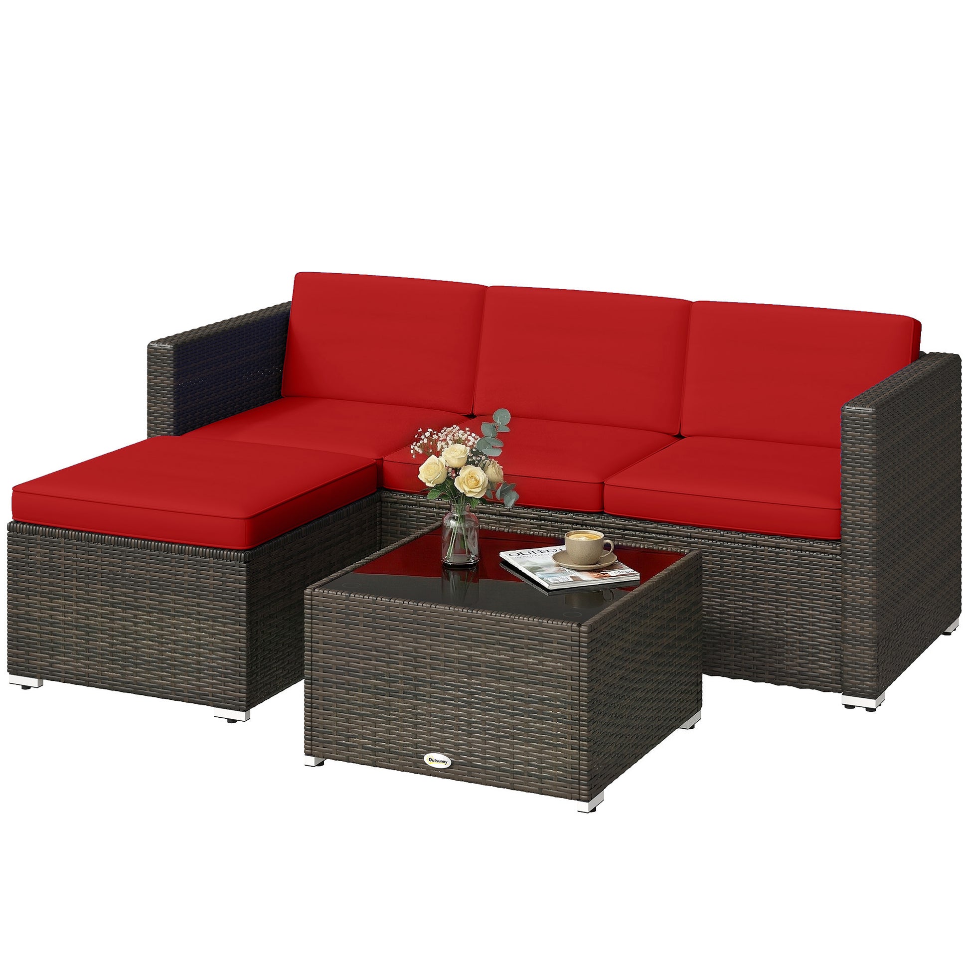 3 Piece PE Rattan Patio Furniture Set with Glass Table-DECOROLALA