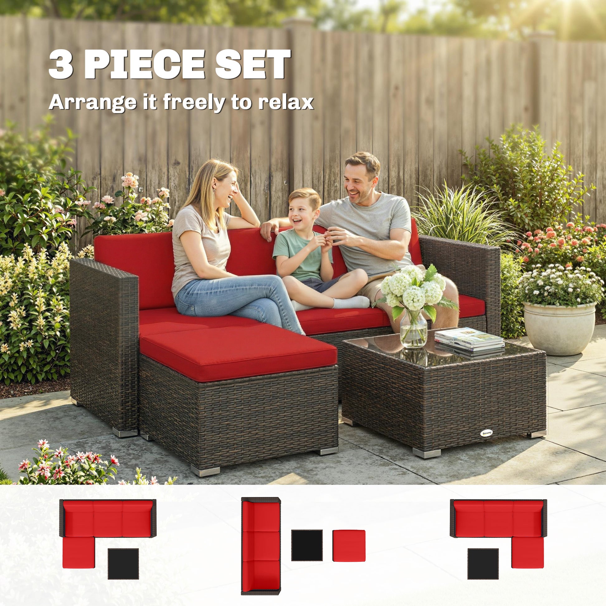 3 Piece PE Rattan Patio Furniture Set with Glass Table-DECOROLALA