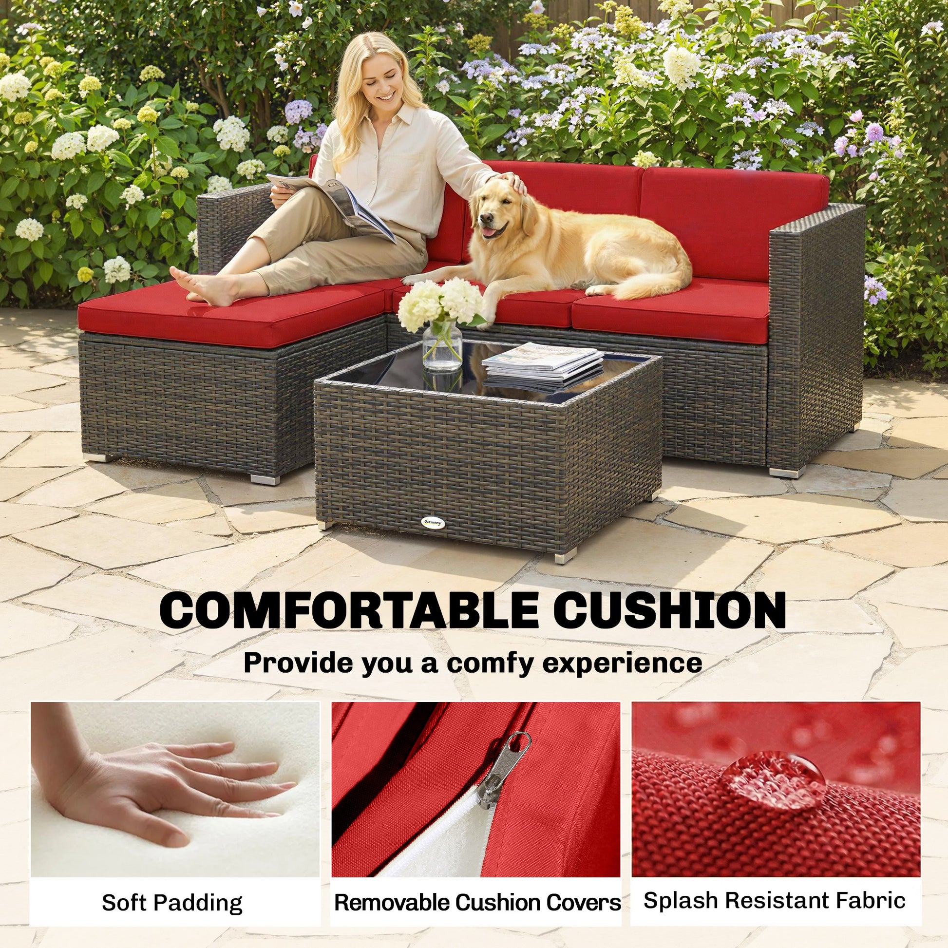 3 Piece PE Rattan Patio Furniture Set with Glass Table-DECOROLALA