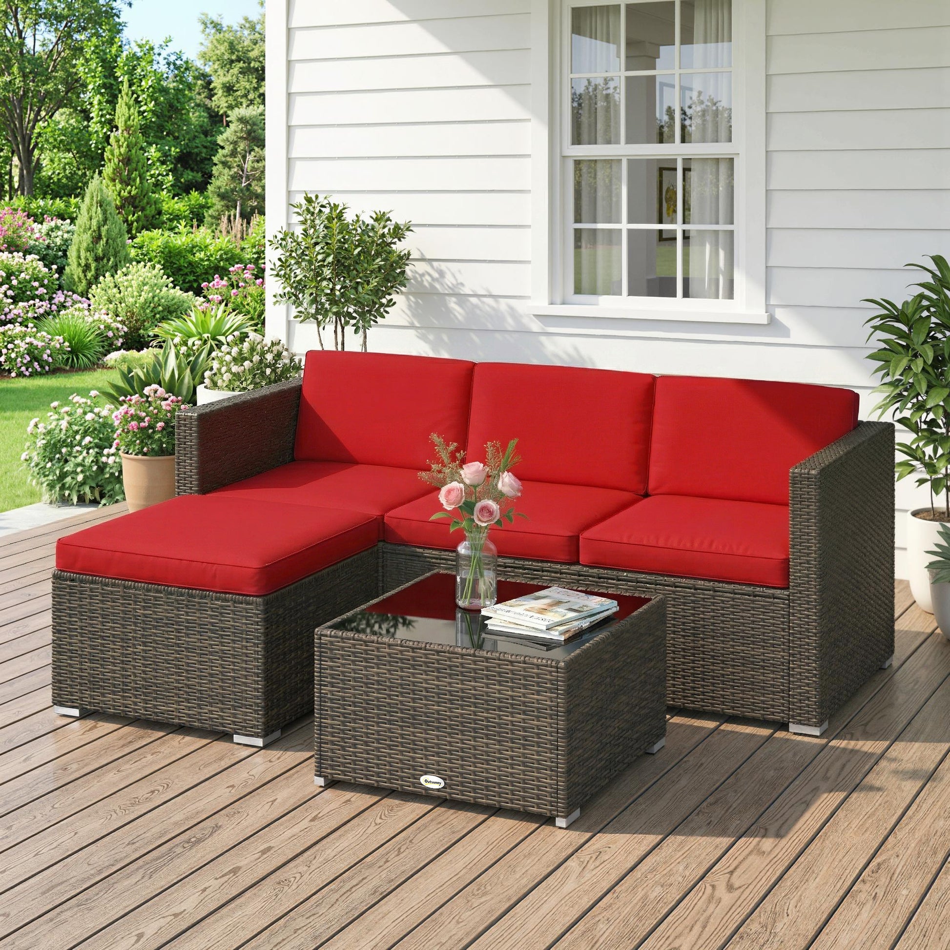 3 Piece PE Rattan Patio Furniture Set with Glass Table-DECOROLALA