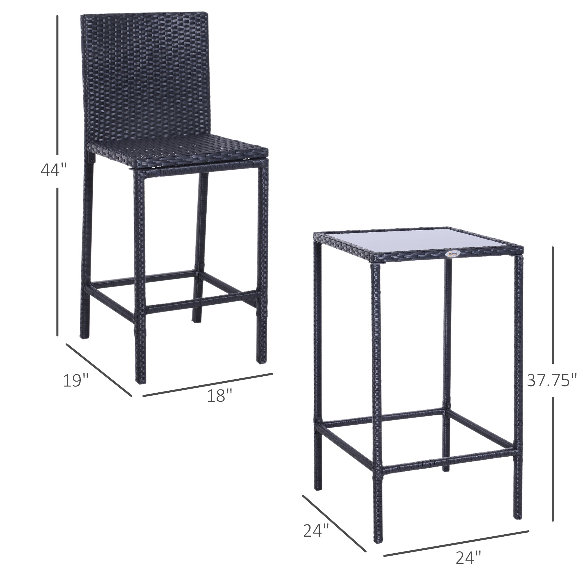 3-Piece Patio Bar Set, Black Rattan Bistro Table and Chairs, UV Resistant, Portable-DECOROLALA