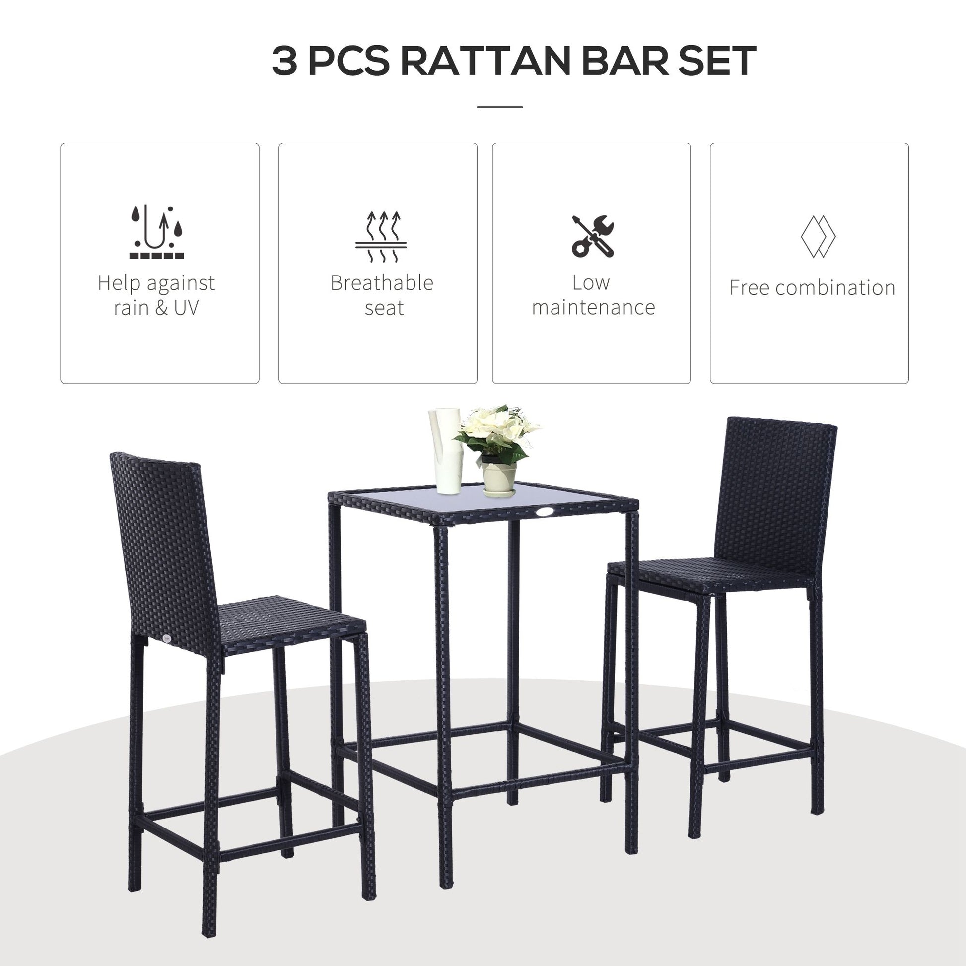3-Piece Patio Bar Set, Black Rattan Bistro Table and Chairs, UV Resistant, Portable-DECOROLALA