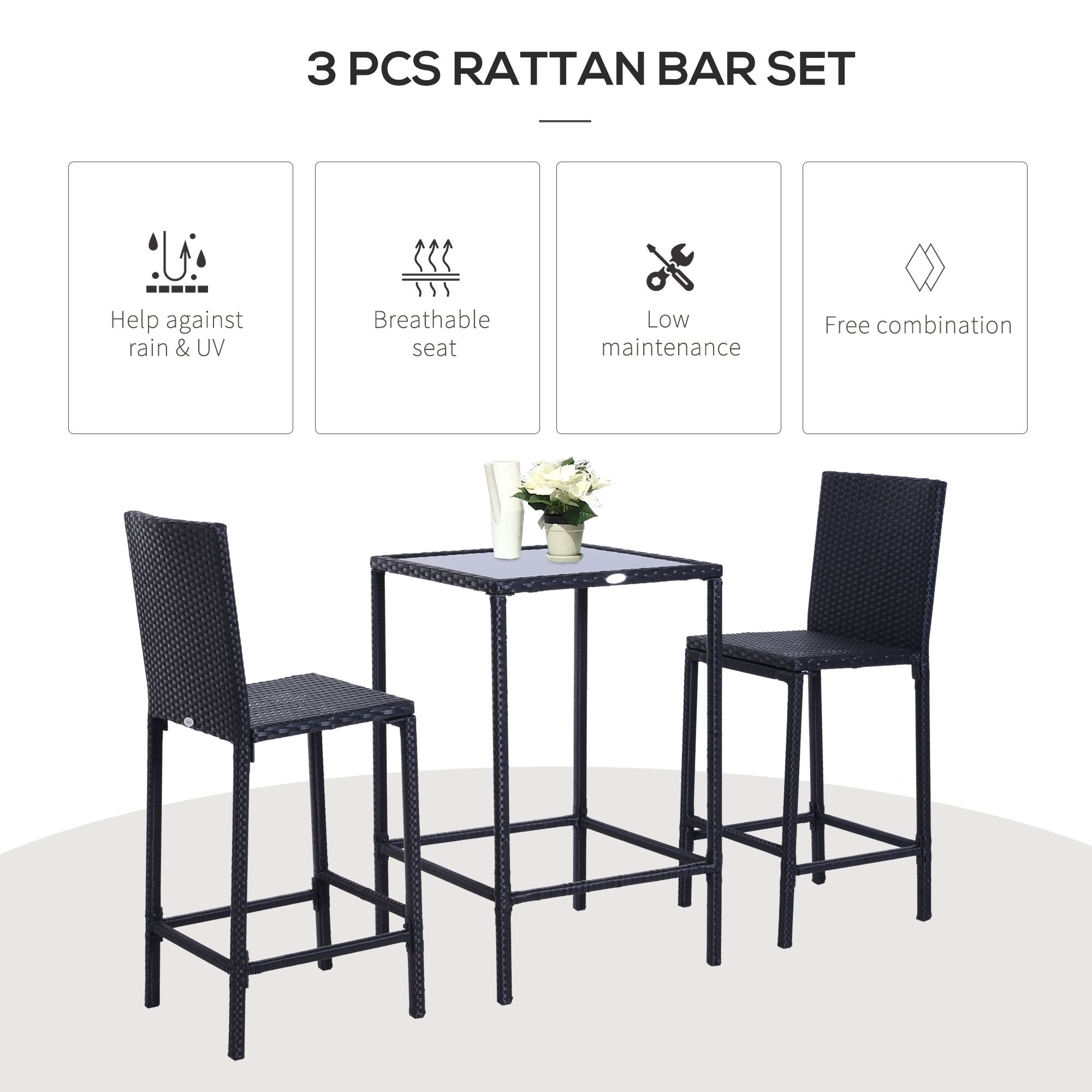 3-Piece Patio Bar Set, Black Rattan Bistro Table and Chairs, UV Resistant, Portable-DECOROLALA