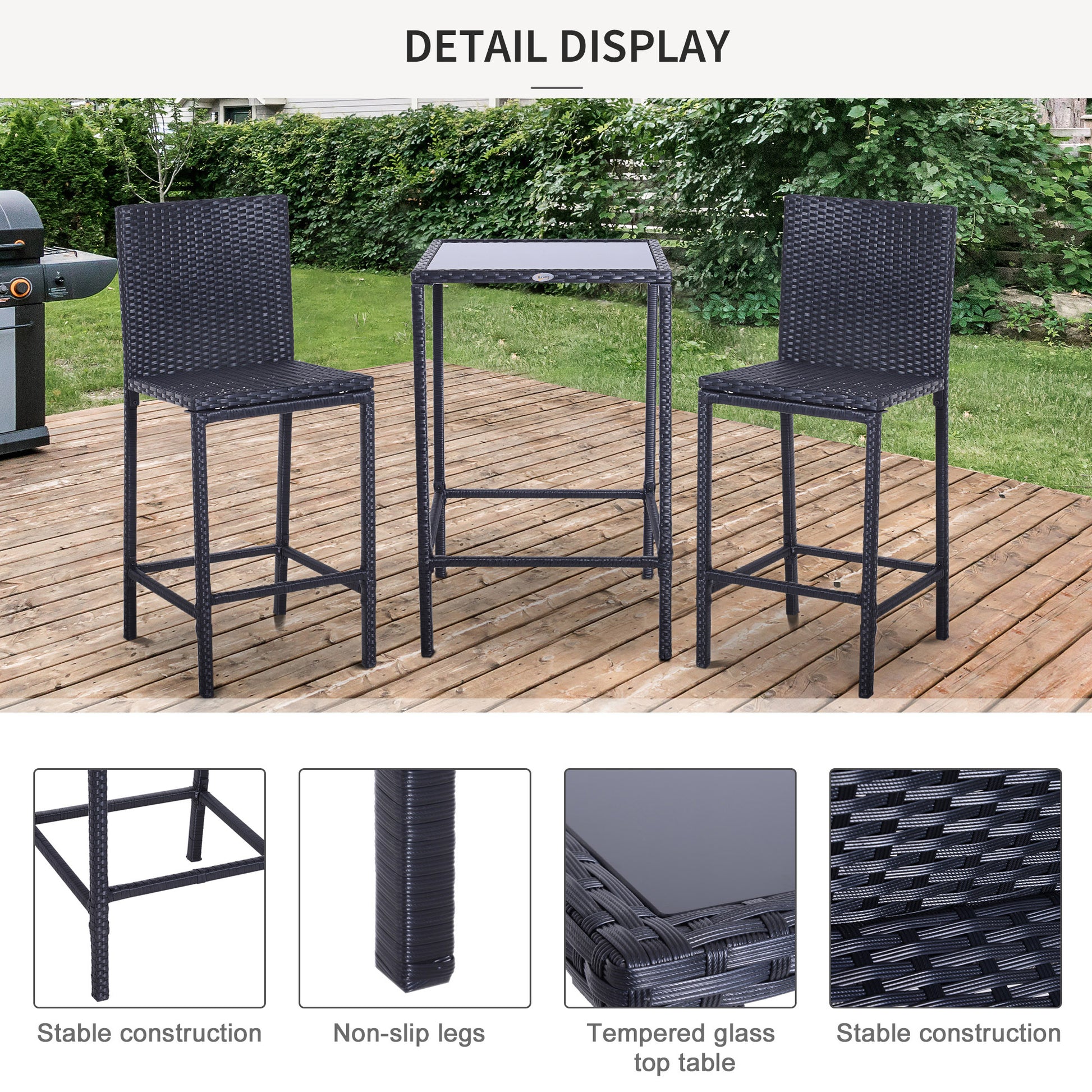 3-Piece Patio Bar Set, Black Rattan Bistro Table and Chairs, UV Resistant, Portable-DECOROLALA