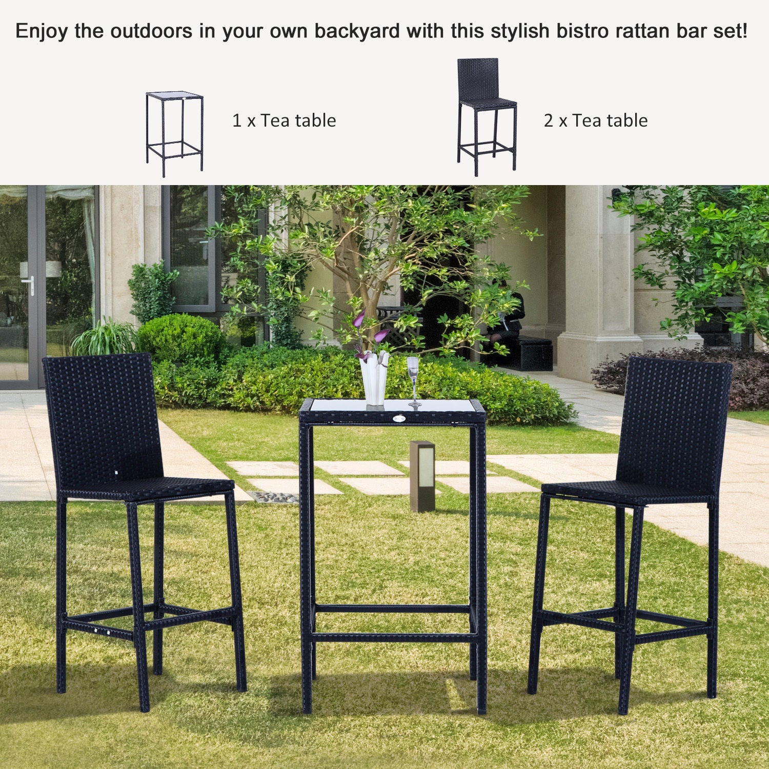 3-Piece Patio Bar Set, Black Rattan Bistro Table and Chairs, UV Resistant, Portable-DECOROLALA