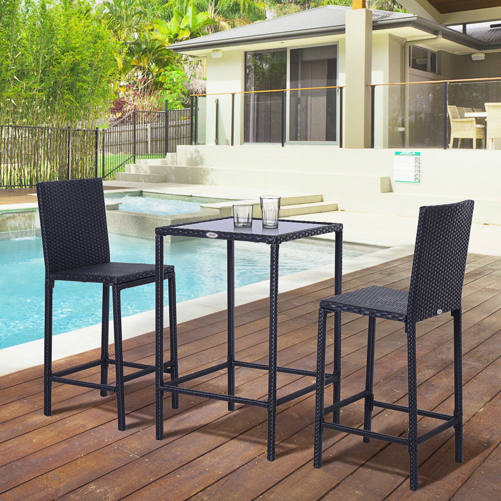 3-Piece Patio Bar Set, Black Rattan Bistro Table and Chairs, UV Resistant, Portable-DECOROLALA