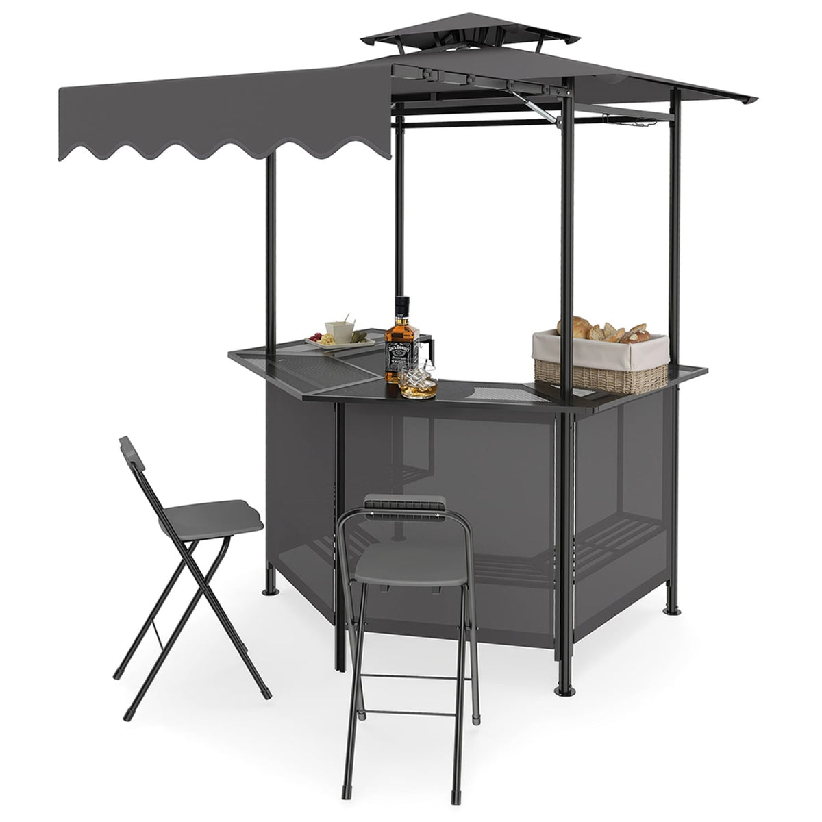 3-Piece Patio Bar Set Outdoor Grill Gazebo and 2 Folding Bar Stools-Black-Outdoor Bar Furniture-DECOROLALA