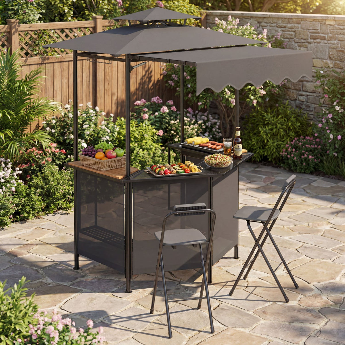 3-Piece Patio Bar Set Outdoor Grill Gazebo and 2 Folding Bar Stools-Black-Outdoor Bar Furniture-DECOROLALA
