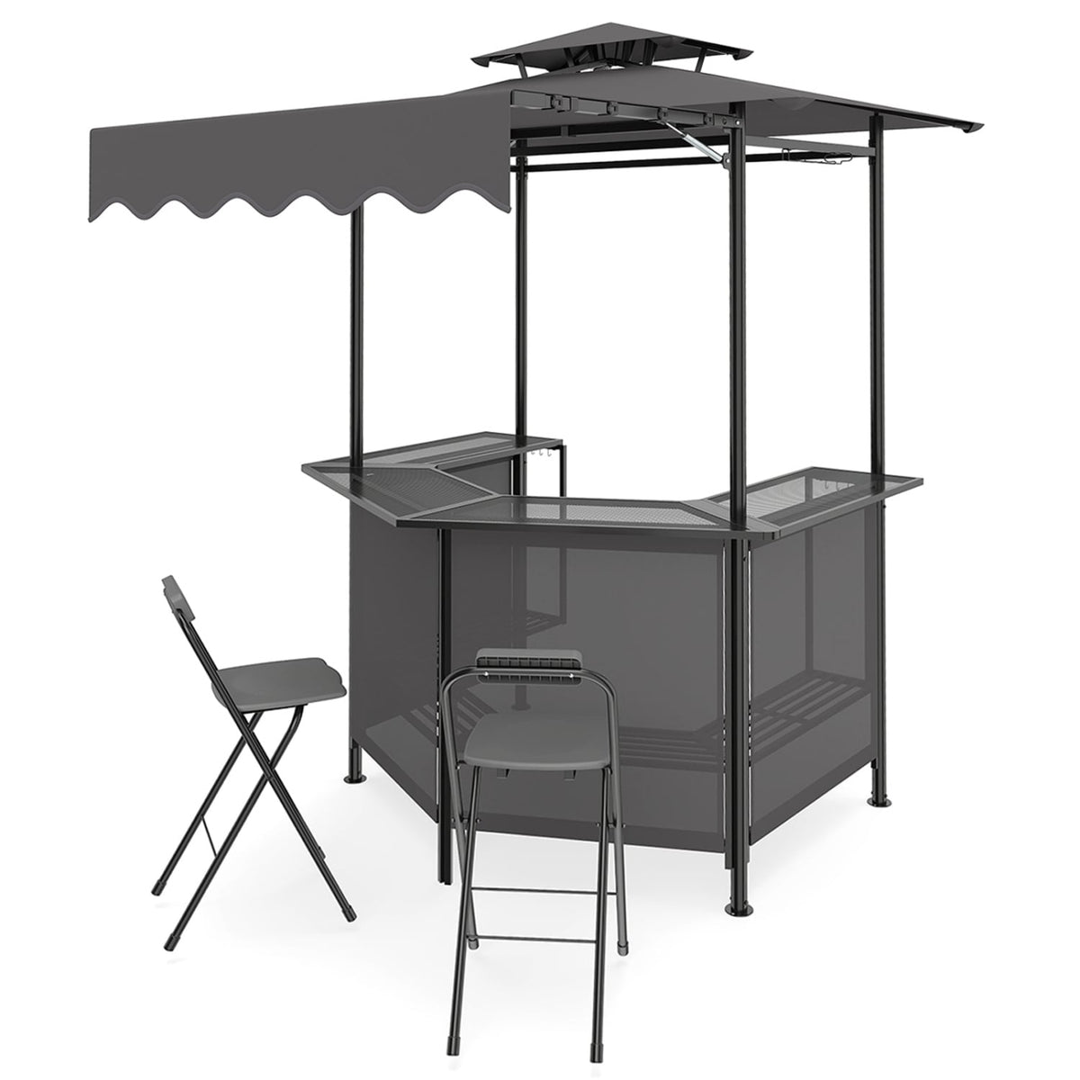 3-Piece Patio Bar Set Outdoor Grill Gazebo and 2 Folding Bar Stools-Black-Outdoor Bar Furniture-DECOROLALA