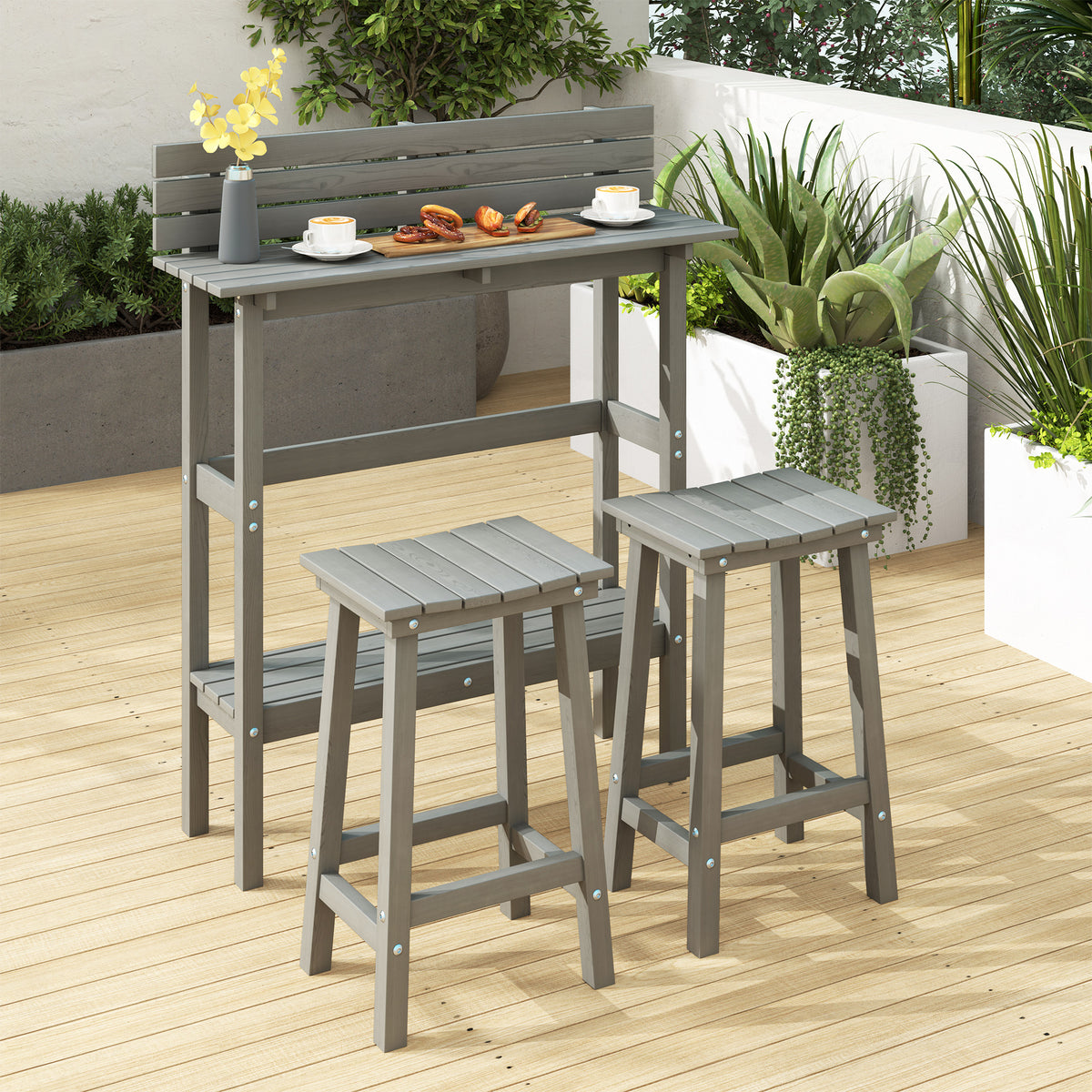 3-Piece Patio Bar Set with HDPE Table and 2 Stools - Grey-Outdoor Bar Furniture-DECOROLALA