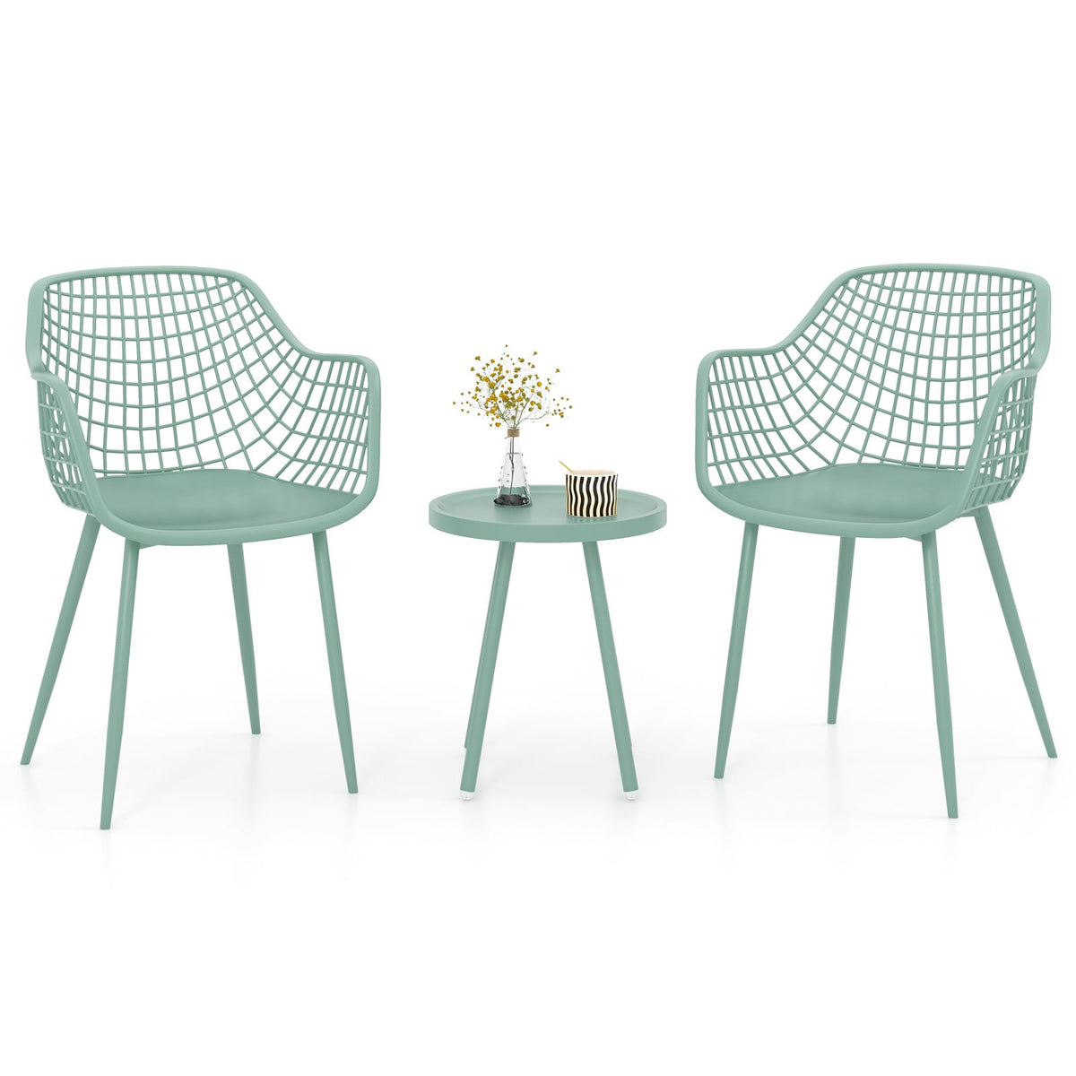 3 Piece Patio Chair Set with PP Seat and Tabletop for Porch-Green-Patio Conversation Sets-DECOROLALA
