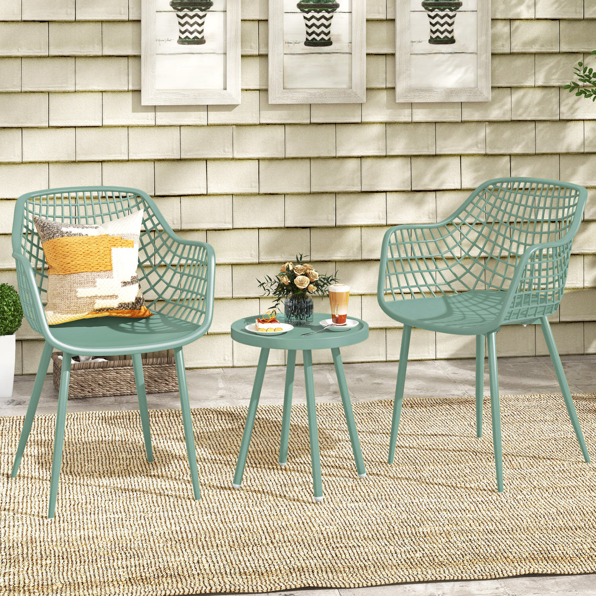 3 Piece Patio Chair Set with PP Seat and Tabletop for Porch-Green-Patio Conversation Sets-DECOROLALA