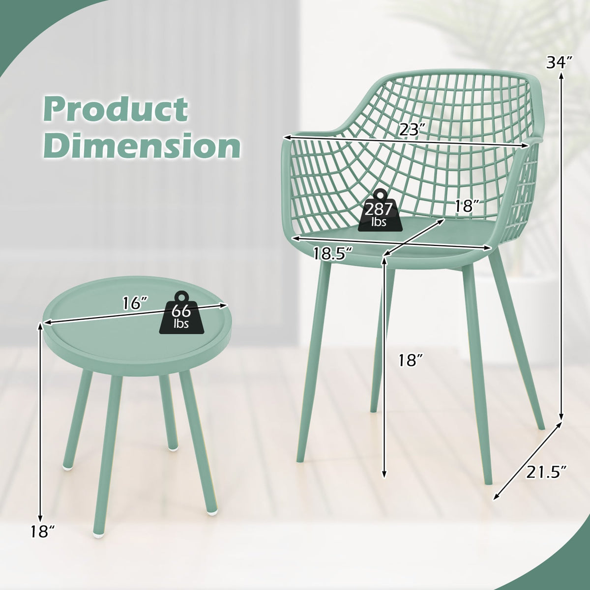 3 Piece Patio Chair Set with PP Seat and Tabletop for Porch-Green-Patio Conversation Sets-DECOROLALA