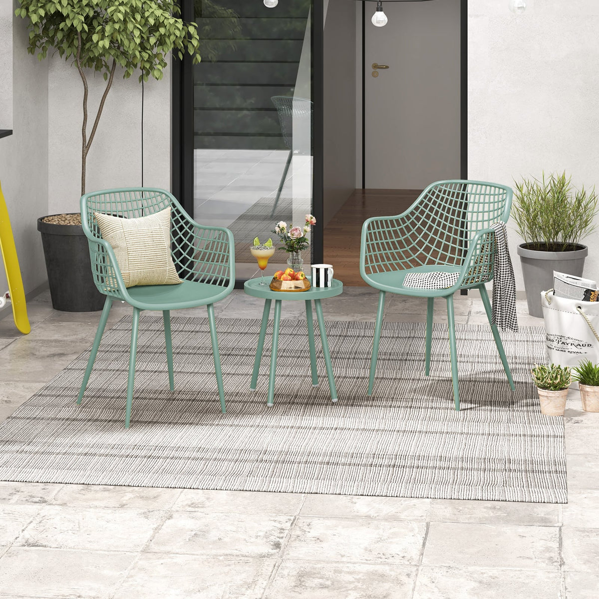 3 Piece Patio Chair Set with PP Seat and Tabletop for Porch-Green-Patio Conversation Sets-DECOROLALA