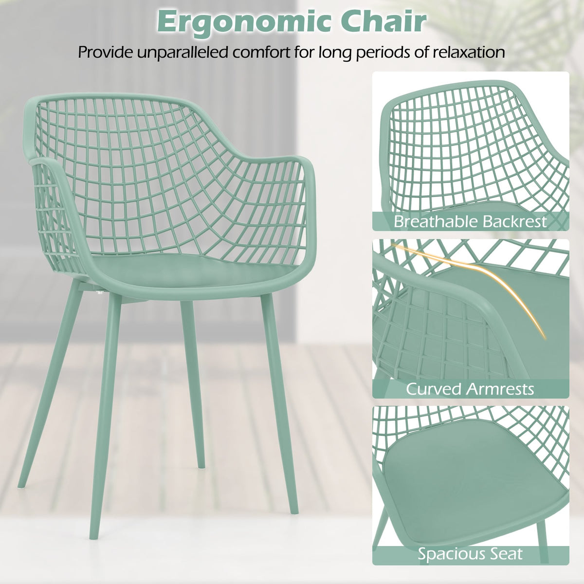 3 Piece Patio Chair Set with PP Seat and Tabletop for Porch-Green-Patio Conversation Sets-DECOROLALA