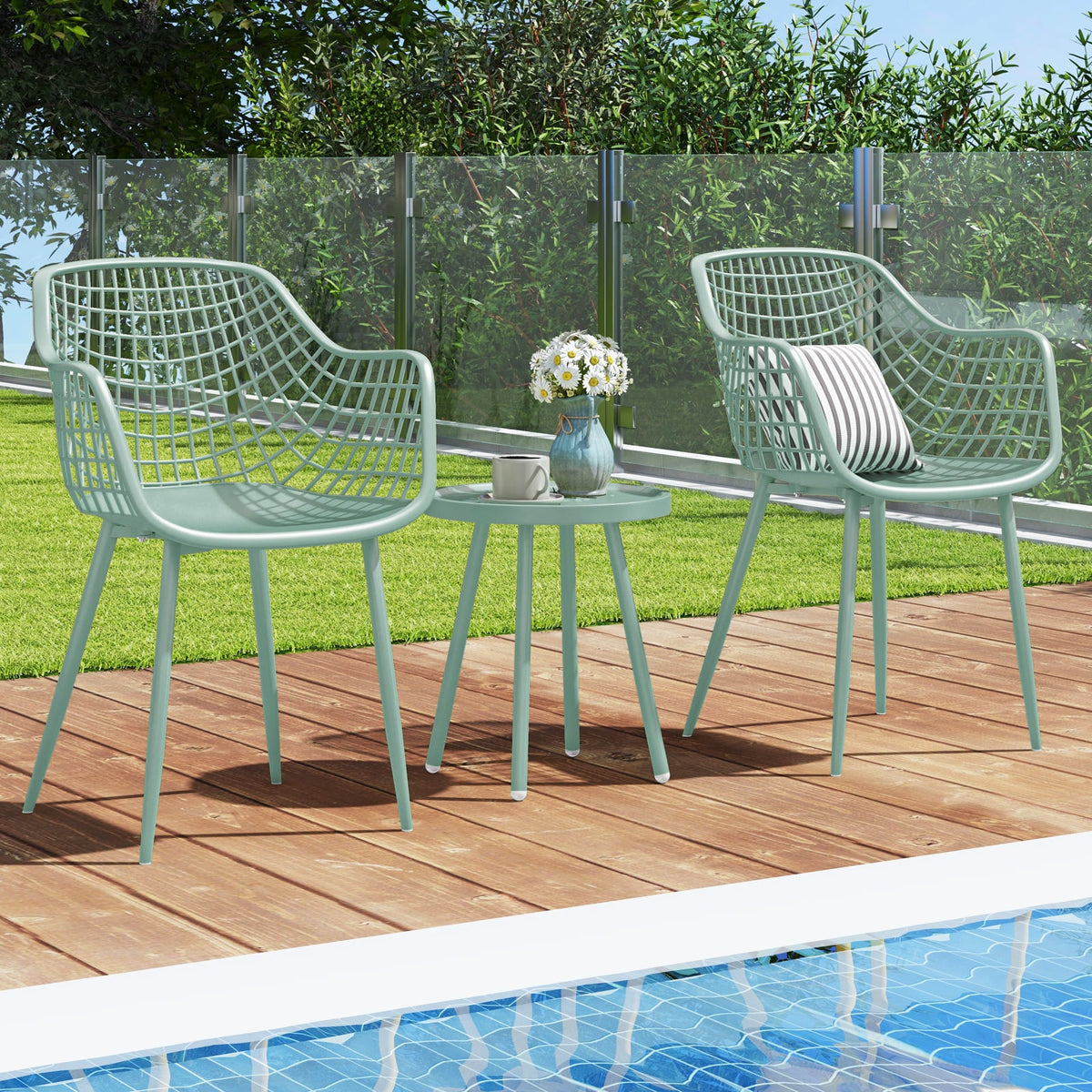 3 Piece Patio Chair Set with PP Seat and Tabletop for Porch-Green-Patio Conversation Sets-DECOROLALA