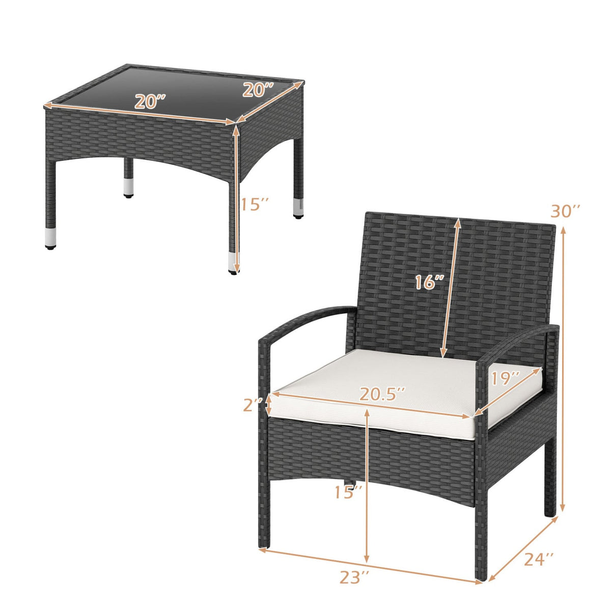 3-Piece Patio Furniture Set Rattan Bistro Chairs with Table-Beige-Patio Conversation Sets-DECOROLALA