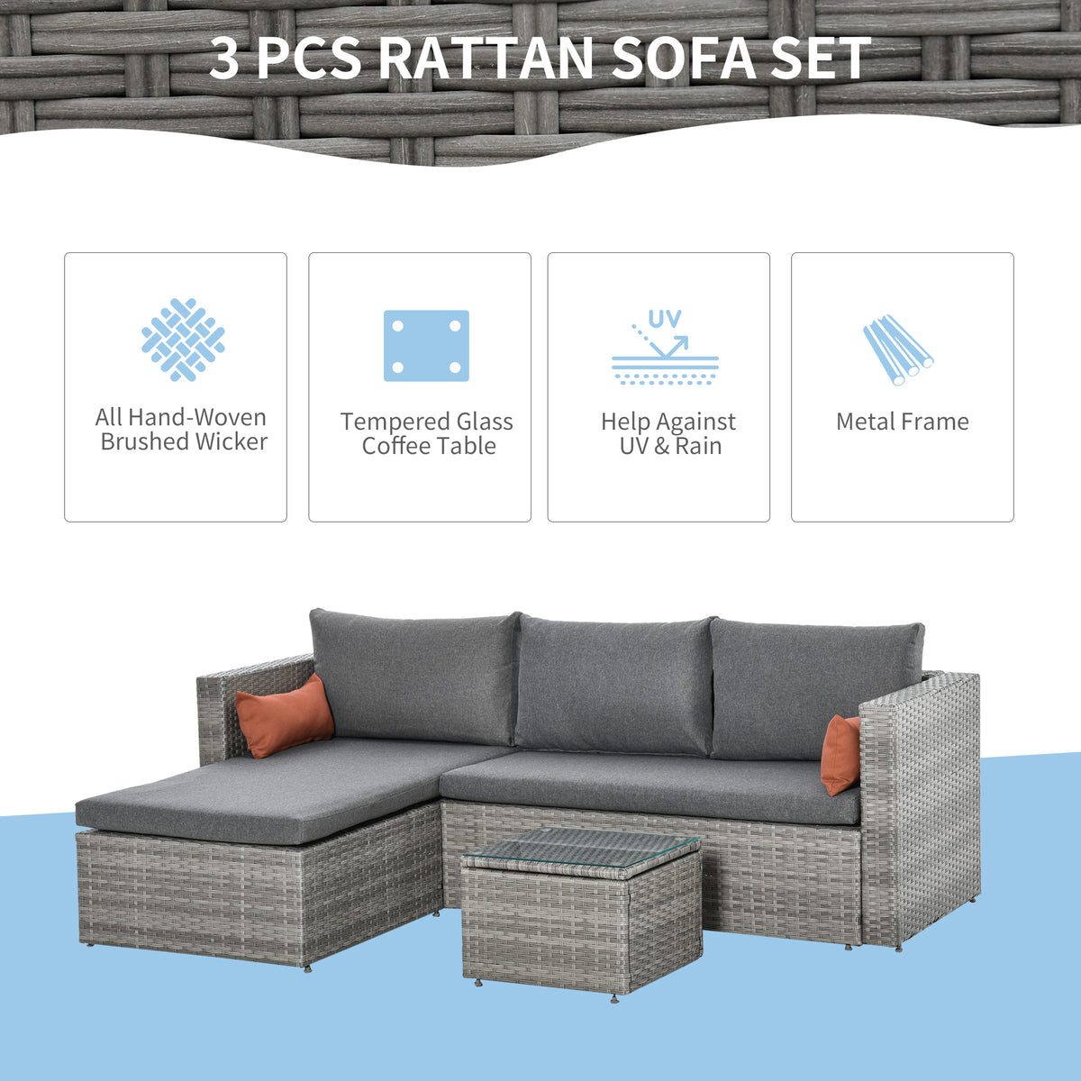 3-Piece Patio Furniture Set Rattan Grey Sofa-Patio Conversation Sets-DECOROLALA