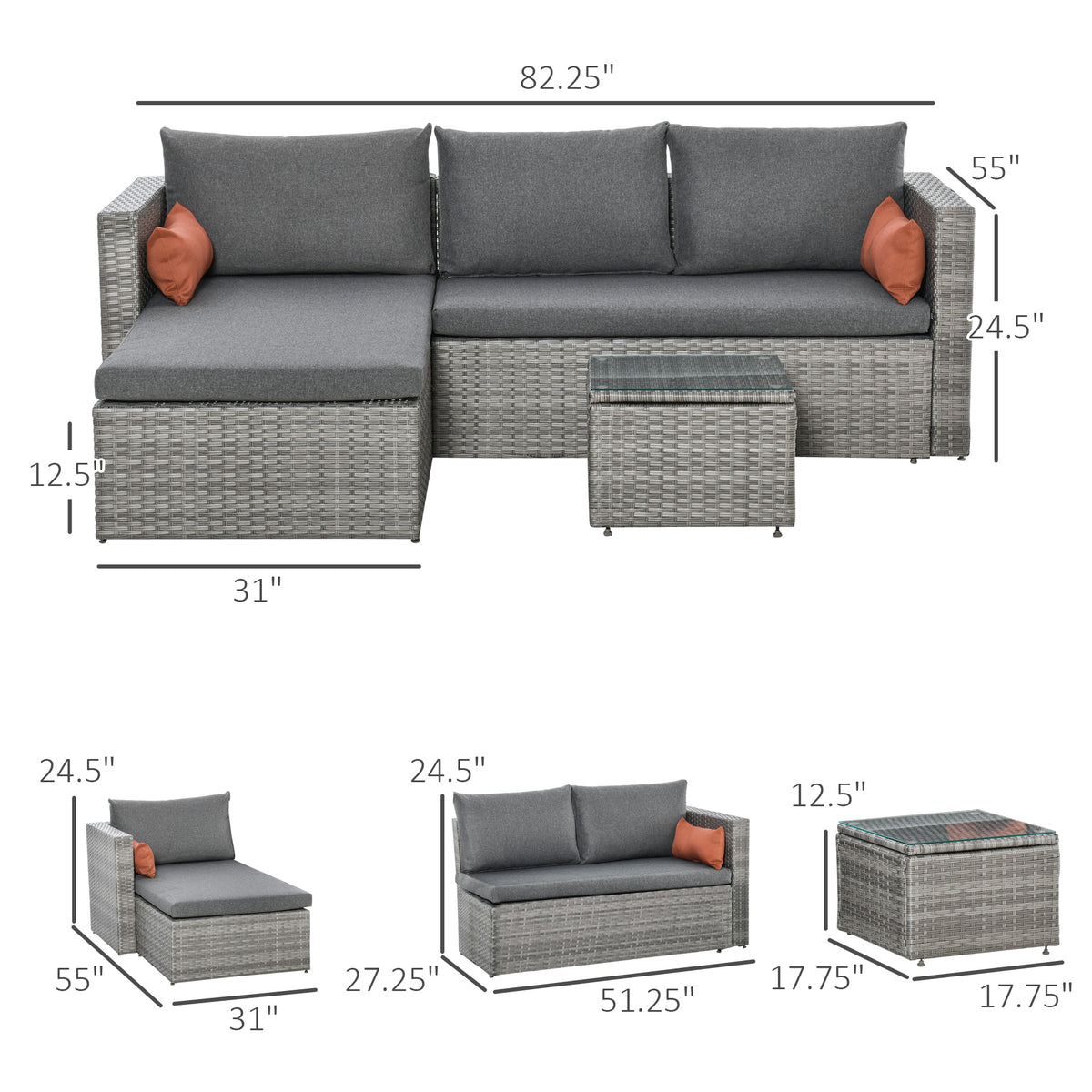 3-Piece Patio Furniture Set Rattan Grey Sofa-Patio Conversation Sets-DECOROLALA