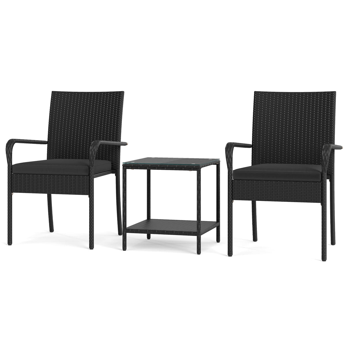3 Piece Patio Furniture Set with Seat Cushions and Tempered Glass Tabletop-Black-Patio Conversation Sets-DECOROLALA