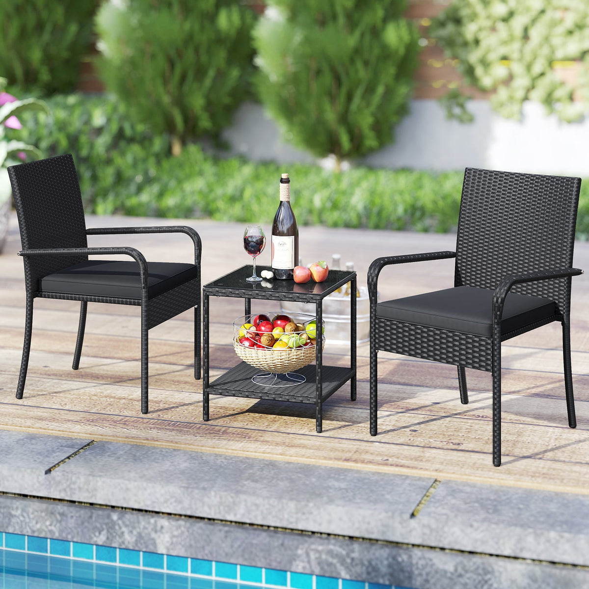 3 Piece Patio Furniture Set with Seat Cushions and Tempered Glass Tabletop-Black-Patio Conversation Sets-DECOROLALA