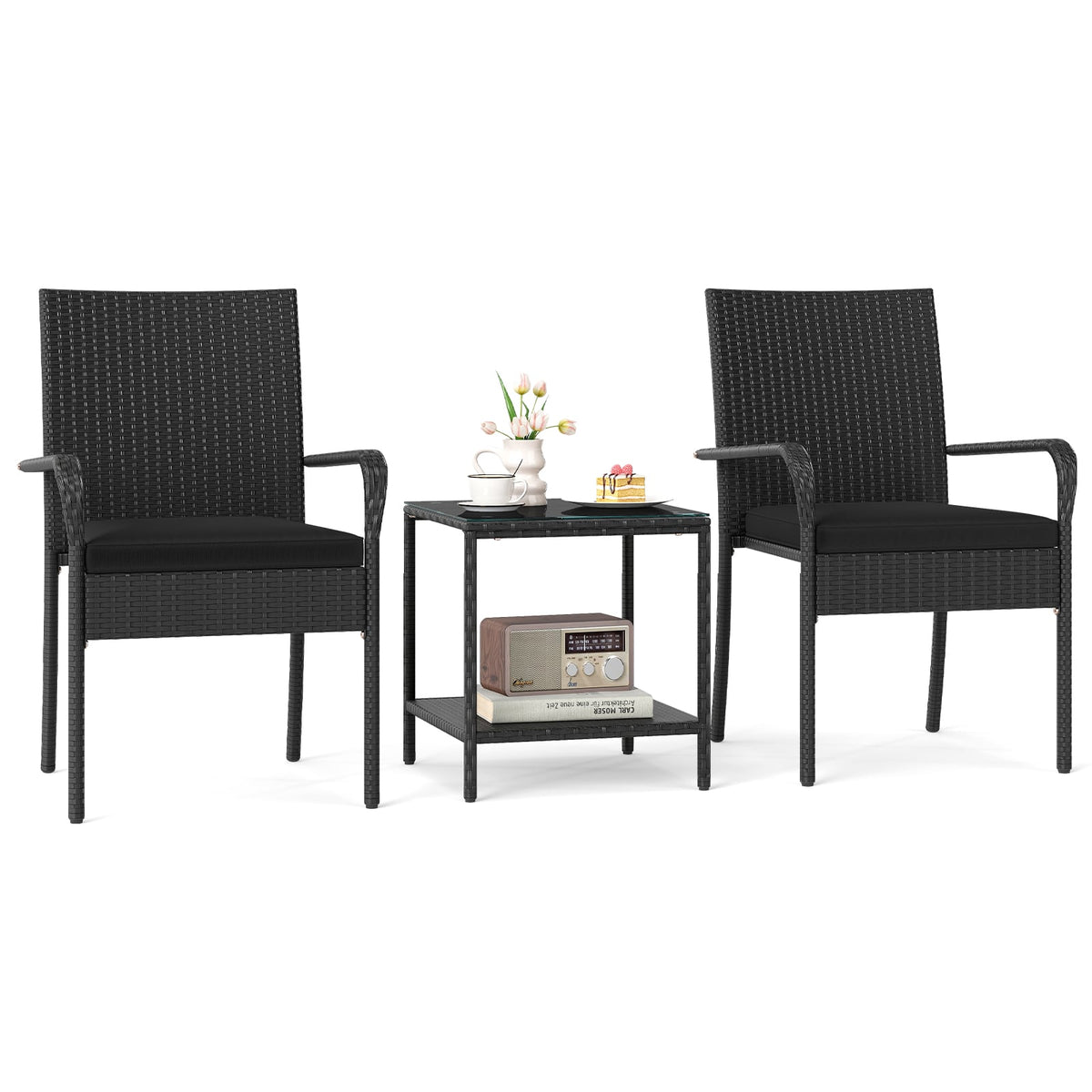 3 Piece Patio Furniture Set with Seat Cushions and Tempered Glass Tabletop-Black-Patio Conversation Sets-DECOROLALA