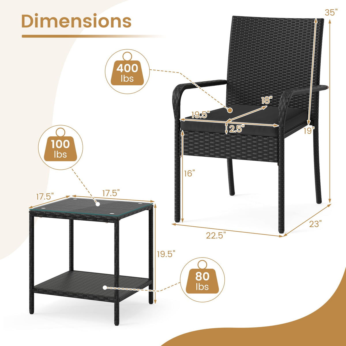 3 Piece Patio Furniture Set with Seat Cushions and Tempered Glass Tabletop-Black-Patio Conversation Sets-DECOROLALA