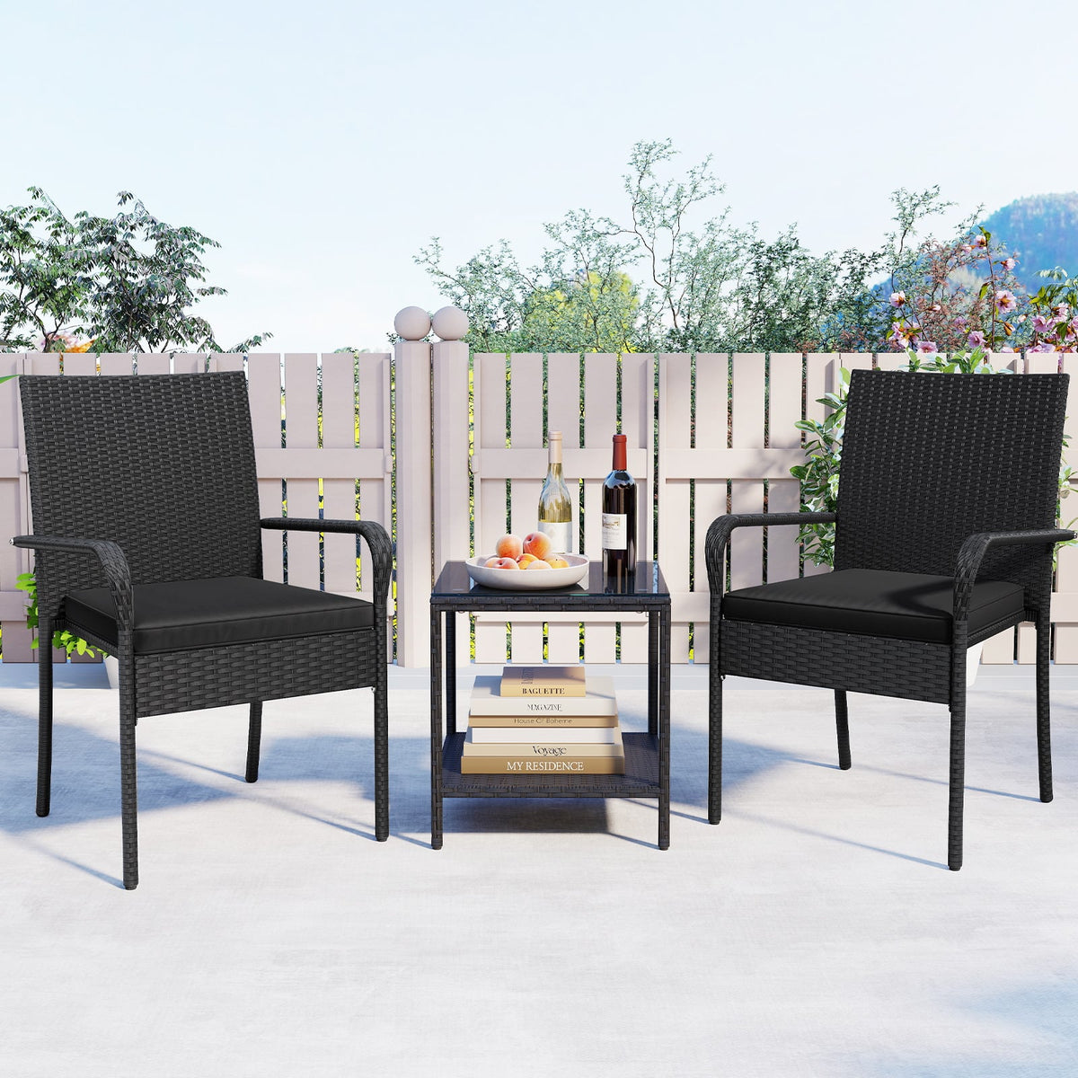 3 Piece Patio Furniture Set with Seat Cushions and Tempered Glass Tabletop-Black-Patio Conversation Sets-DECOROLALA
