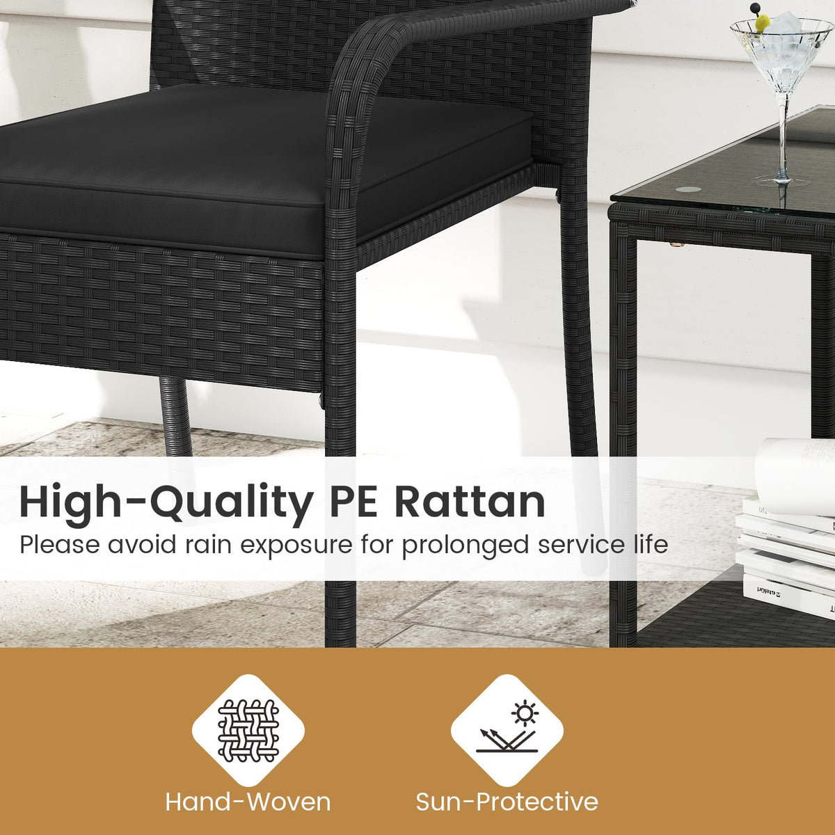 3 Piece Patio Furniture Set with Seat Cushions and Tempered Glass Tabletop-Black-Patio Conversation Sets-DECOROLALA